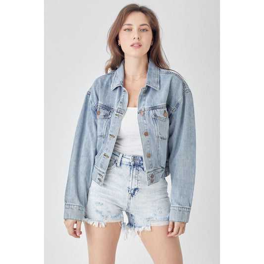 RISEN Full Size Button Down Cropped Denim Jacket