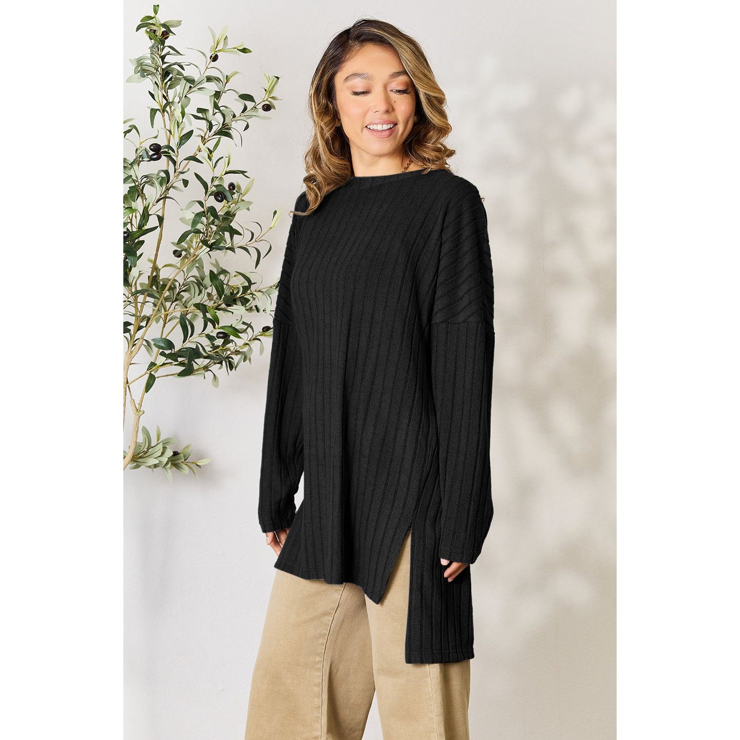 Basic Bae Full Size Ribbed Round Neck Long Sleeve Slit Top