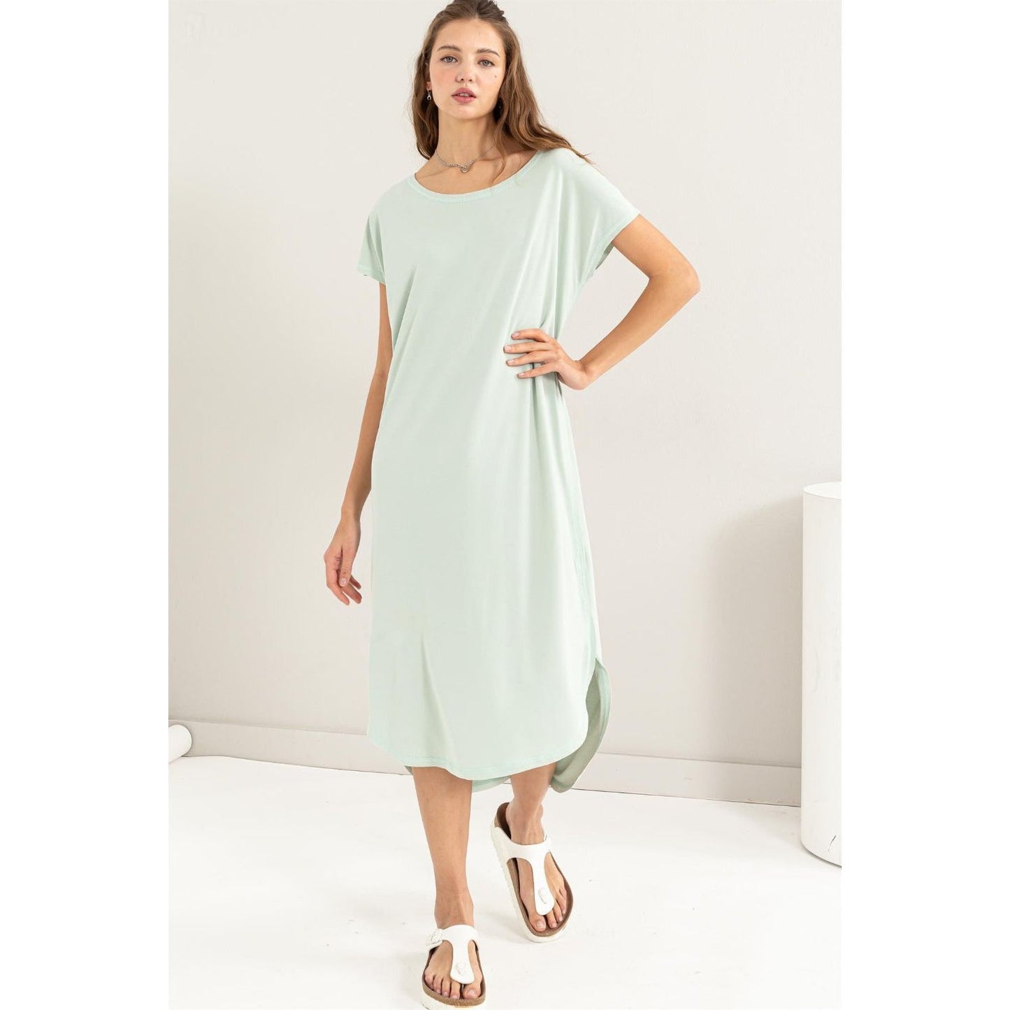 HYFVE Short Sleeve High-Low Slit Midi Dress