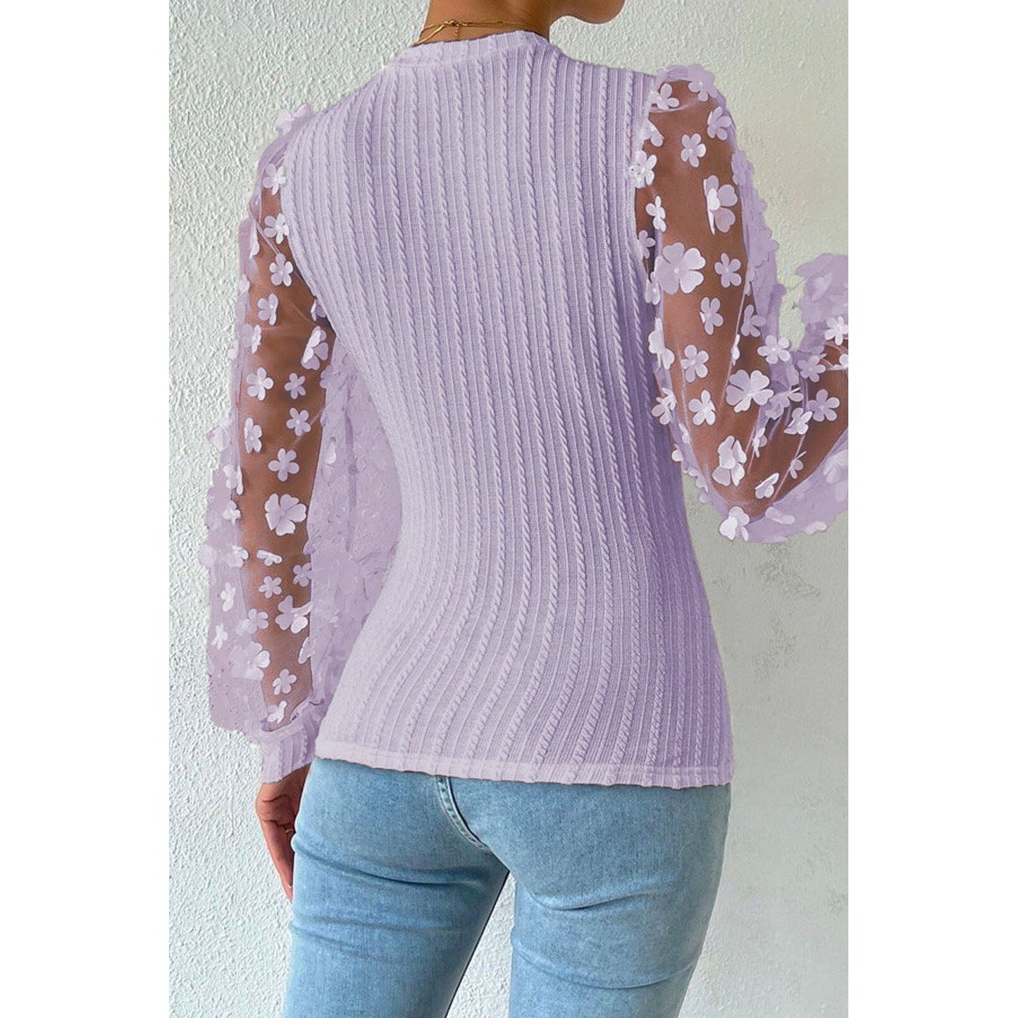 Double Take Textured Applique Long Sleeve Blouse