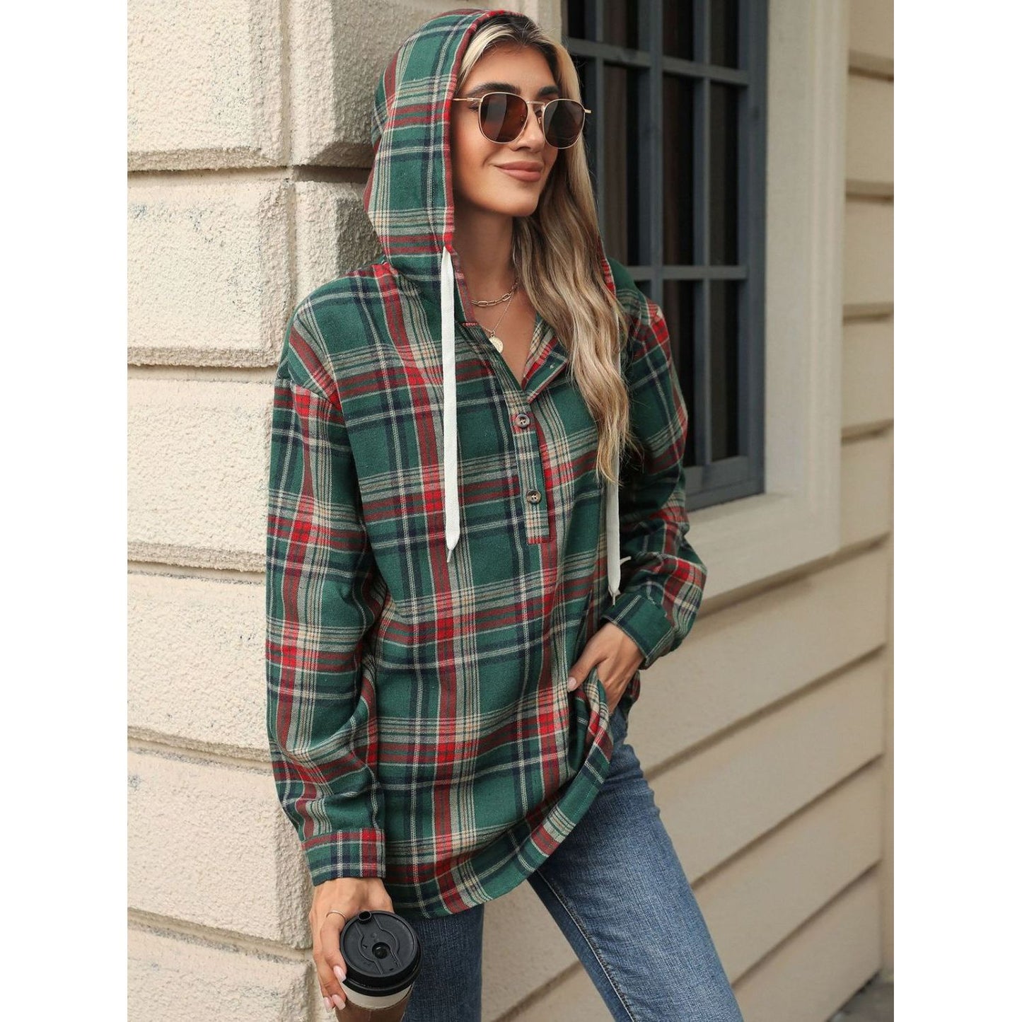 Drawstring Plaid Hooded Long Sleeve Top