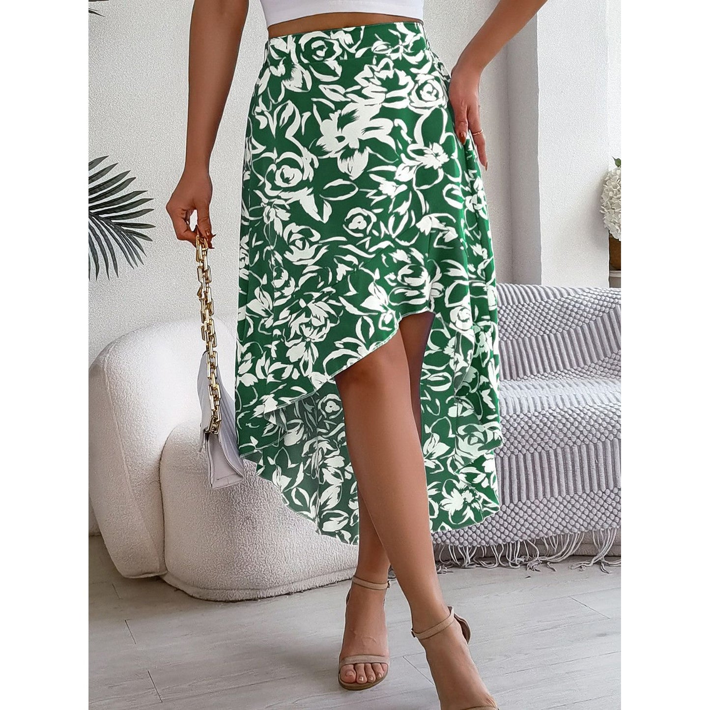 High-Low Printed High Waist Skirt