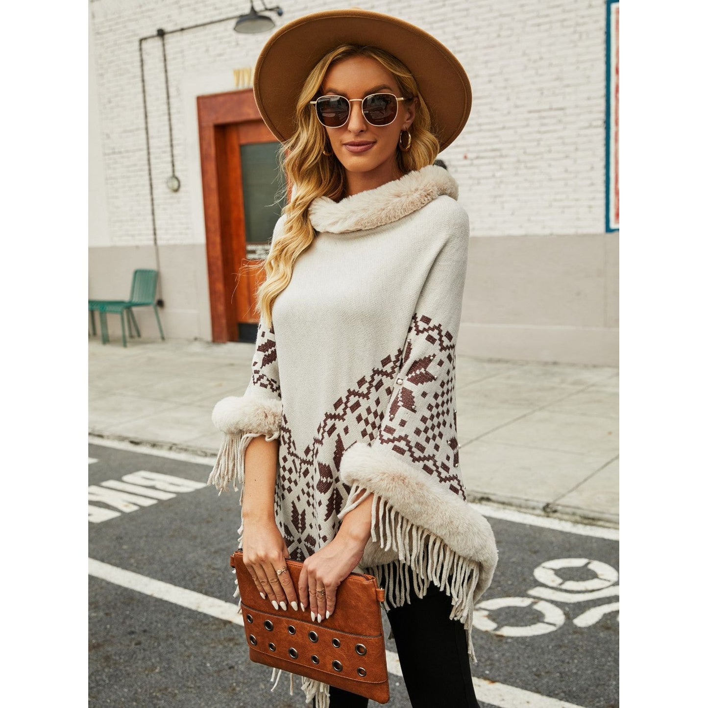 Fringe Geometric Cape Sleeve Poncho