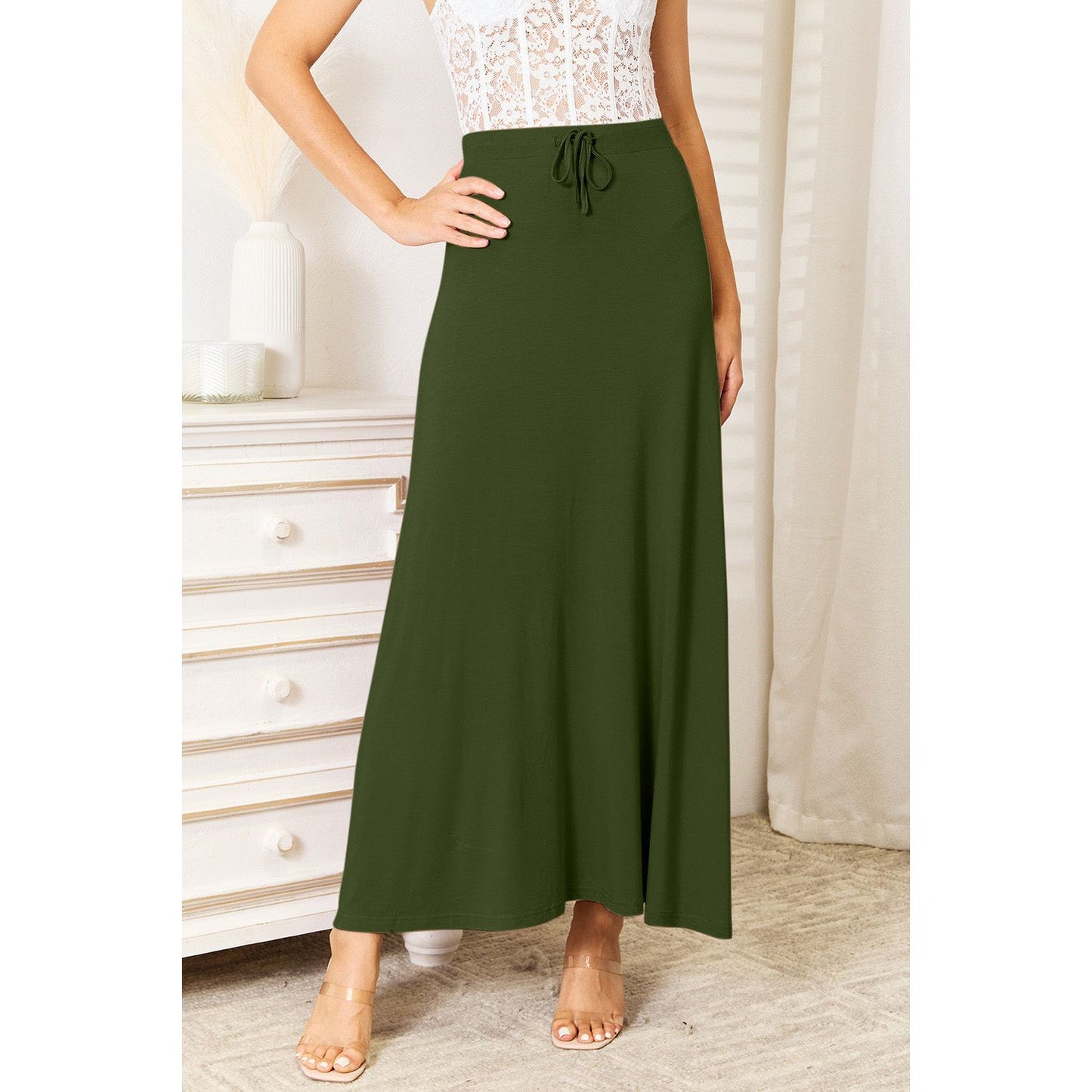 Double Take Full Size Soft Rayon Drawstring Waist Maxi Skirt