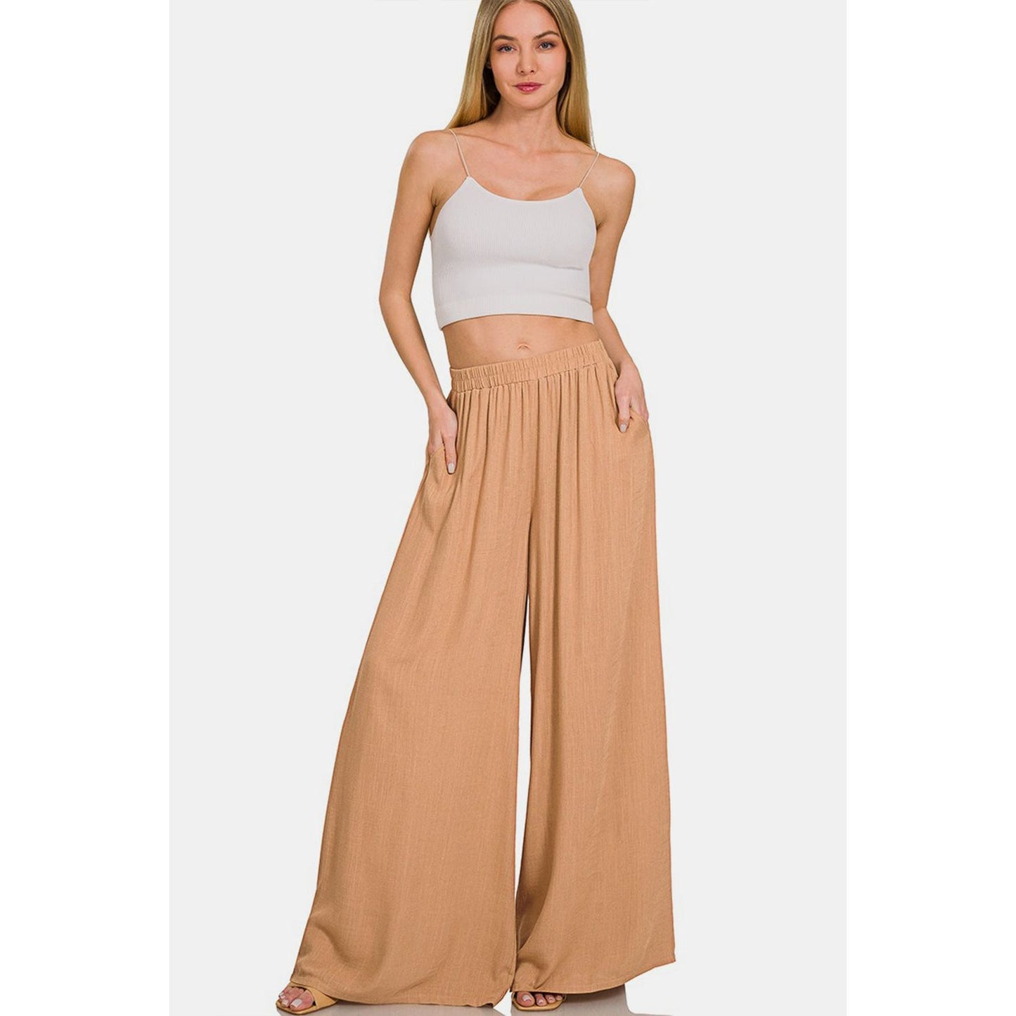 Zenana Pleated Linen Blend Wide Leg Pants