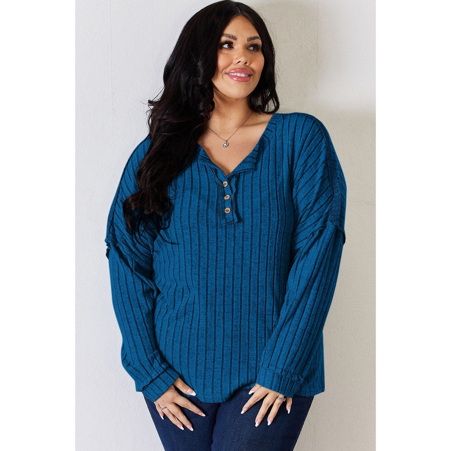 Basic Bae Full Size Ribbed Half Button Long Sleeve T-Shirt