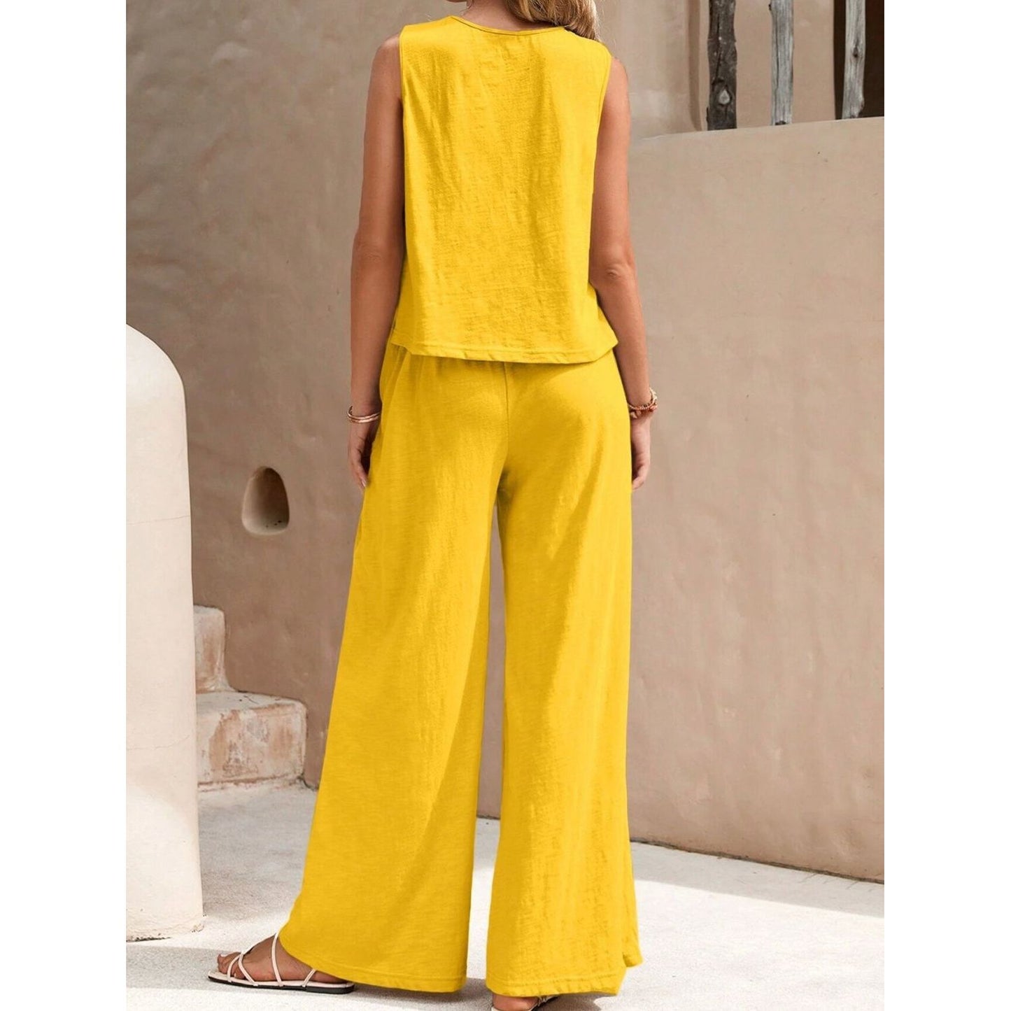 Round Neck Sleeveless Top and Wide Leg Pants Set