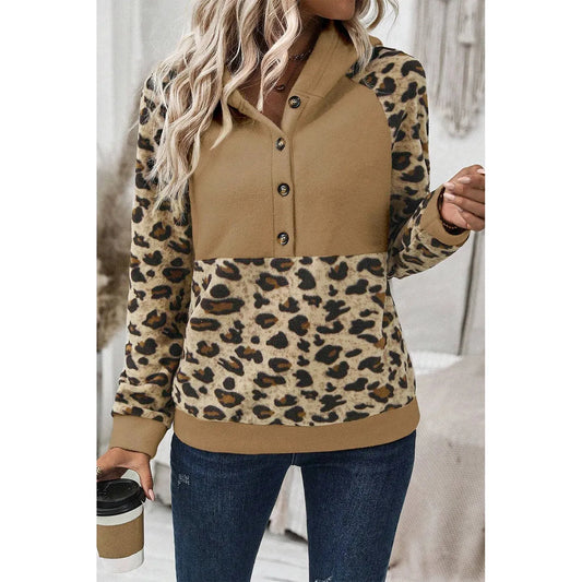 Leopard Half Button Long Sleeve Hoodie