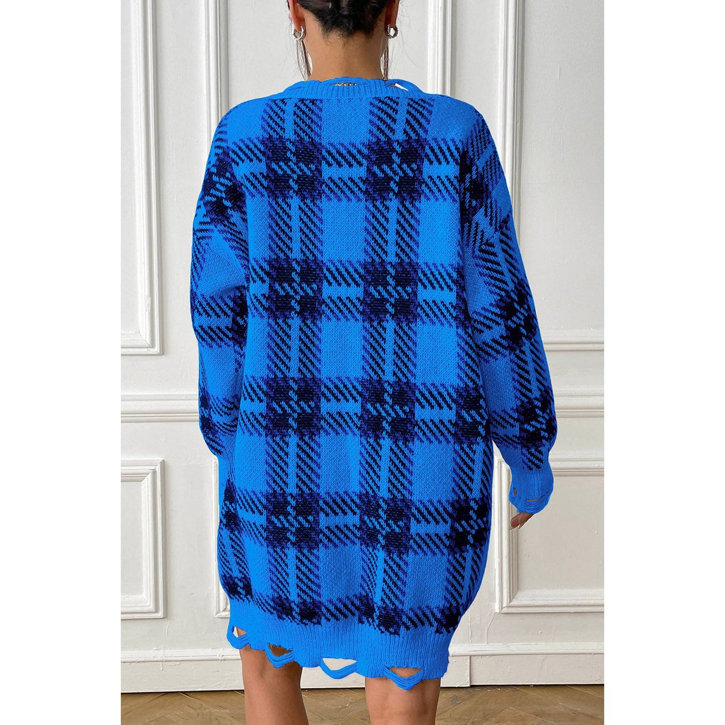 Plaid V-Neck Long Sleeve Sweater Dress