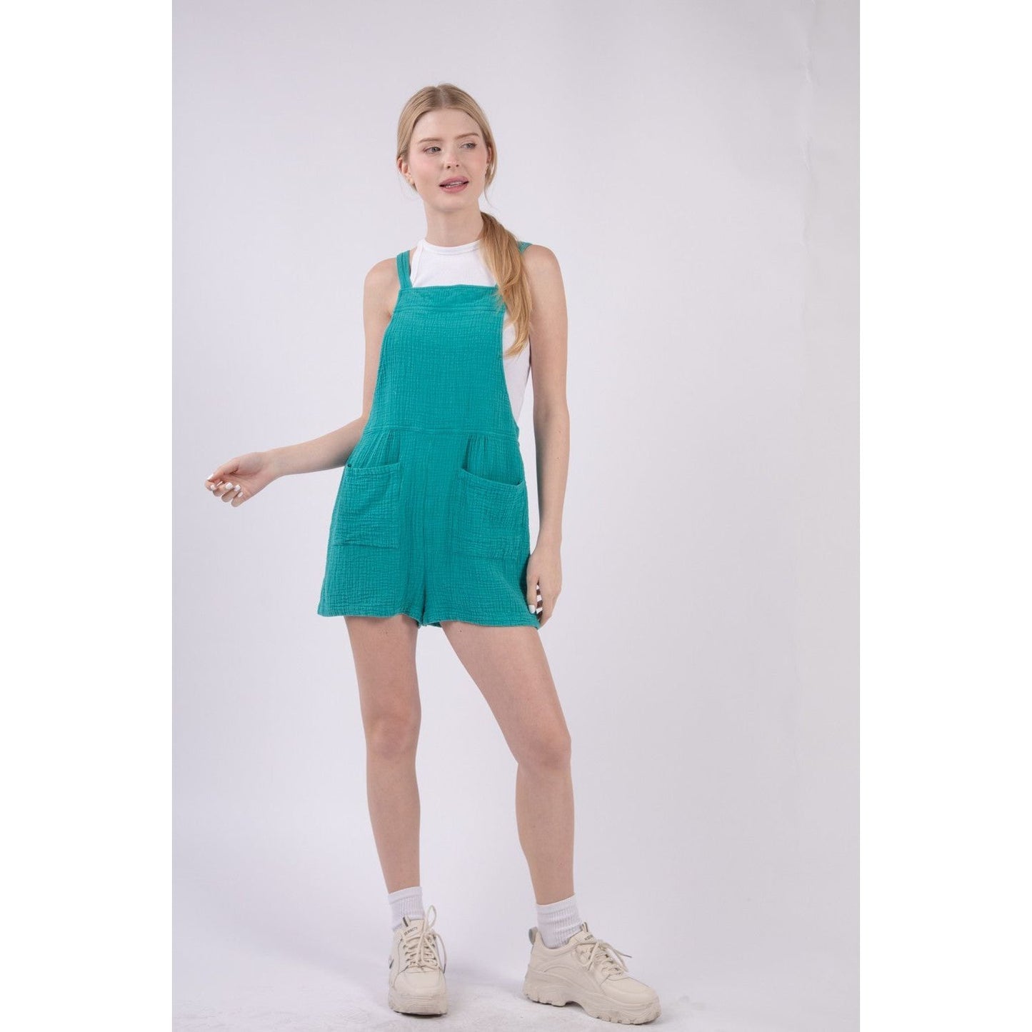 VERY J Sleeveless Double Gauze Overalls with Pockets