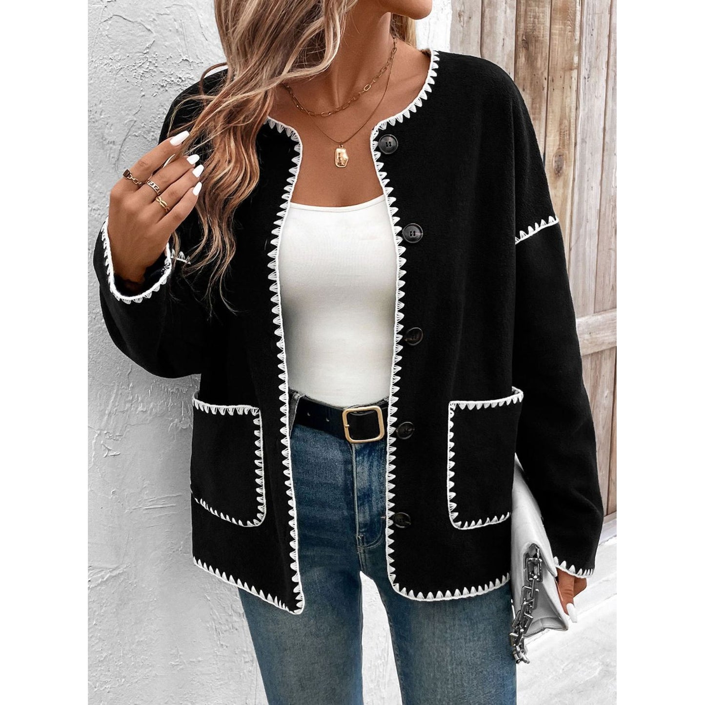 Perfee Pocketed Contrast Button Up Jacket