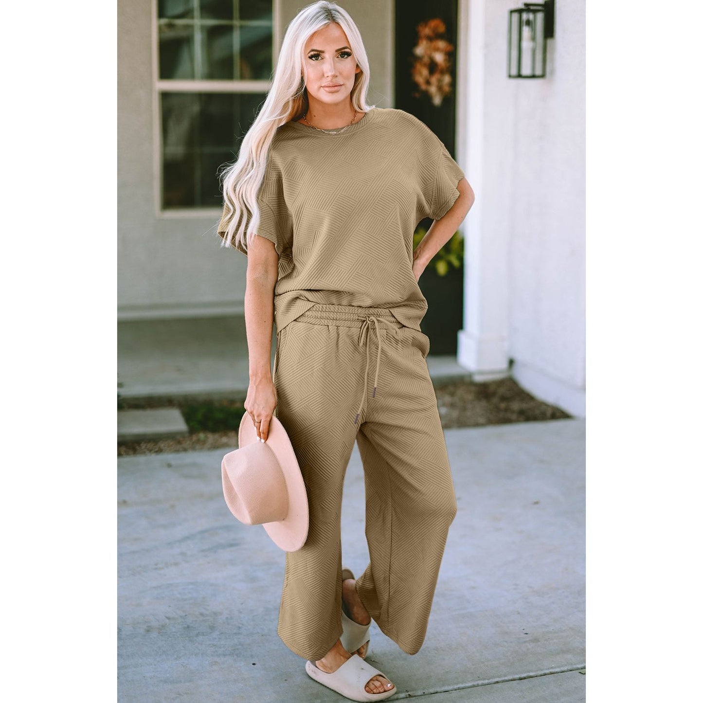 Double Take Full Size Texture Short Sleeve Top and Pants Set