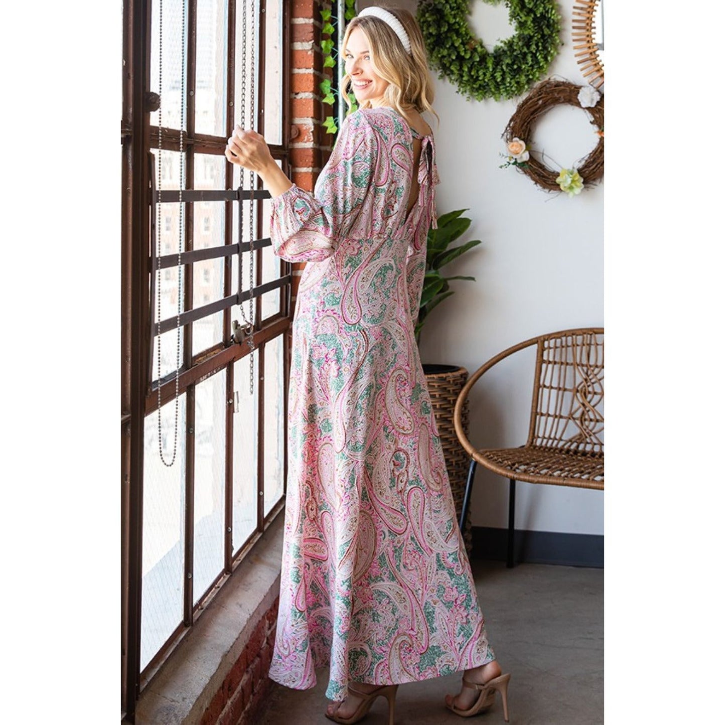 First Love Paisley Print Tie-Back Long Sleeve Maxi Dress