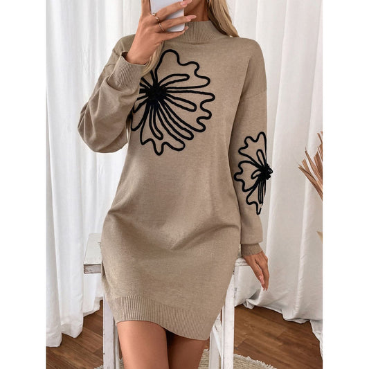 Perfee Flower Mock Neck Long Sleeve Sweater Dress