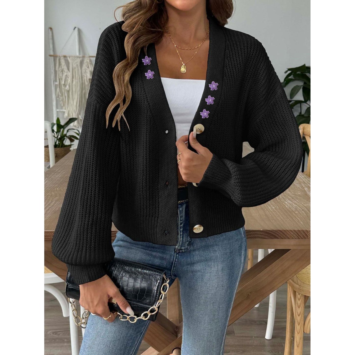 V-Neck Button Up Long Sleeve Cardigan