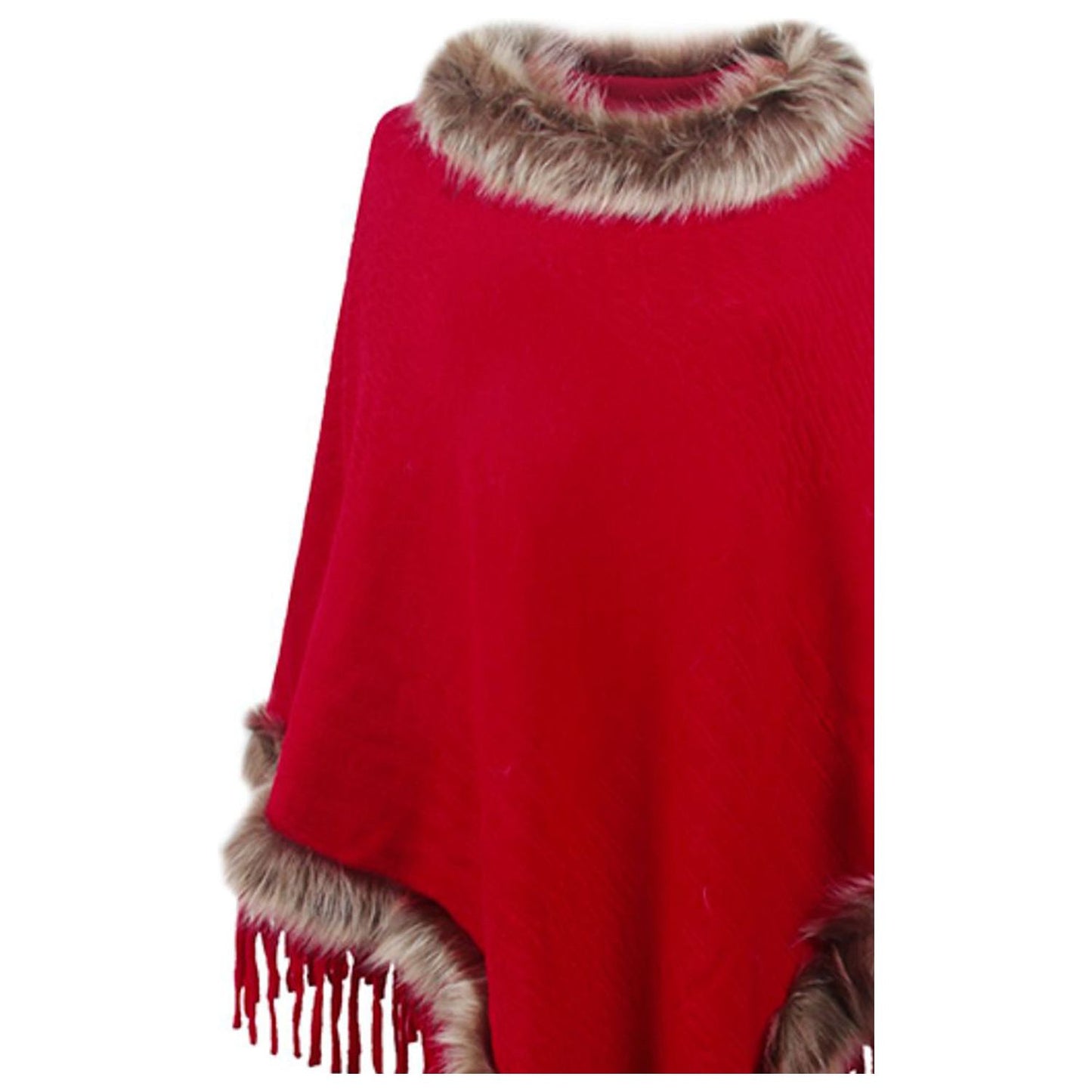 Faux Fur Trim Fringed Poncho