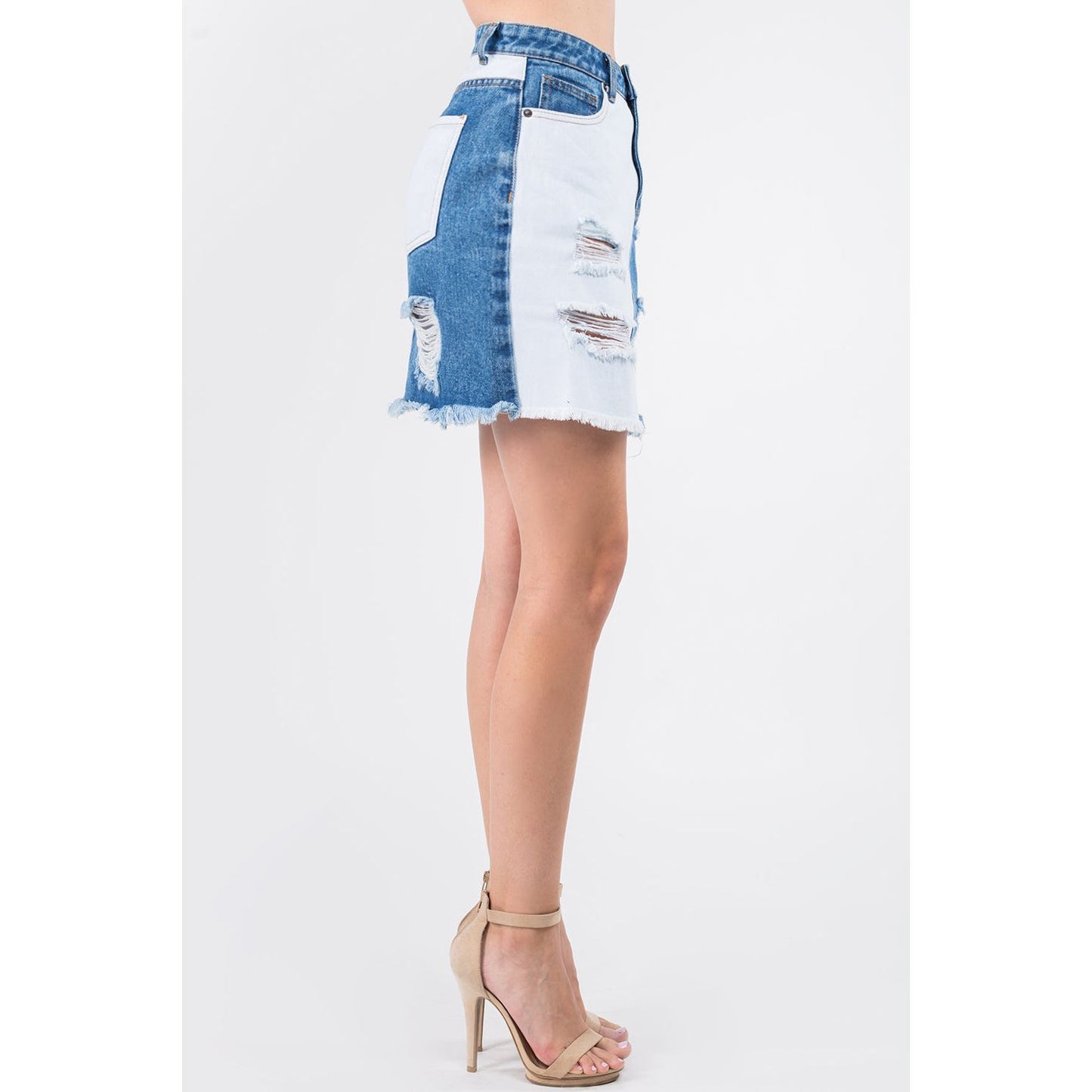 American Bazi Contrast Patched Frayed Denim Distressed Skirts