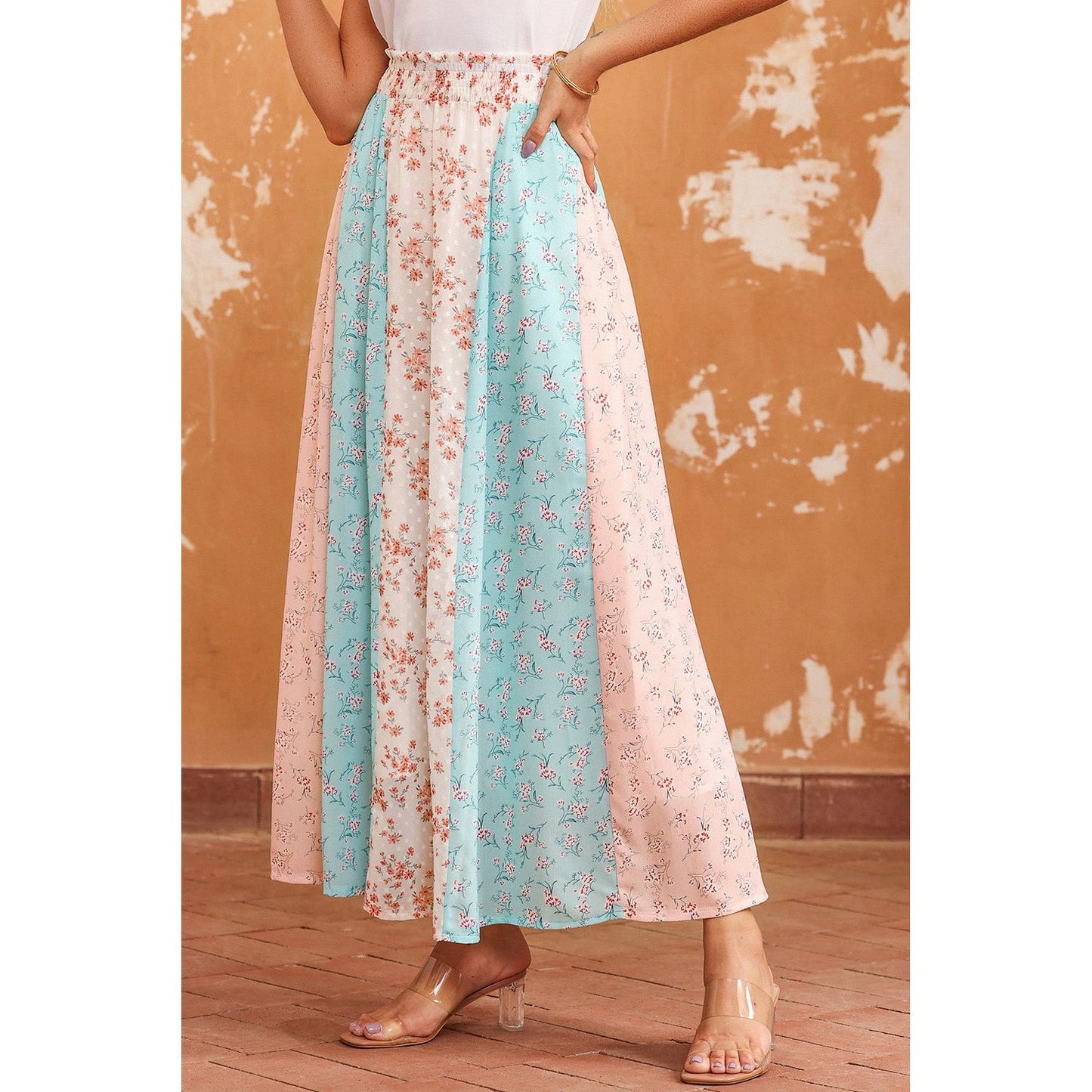 Floral Color Block Smocked Waist Maxi Skirt