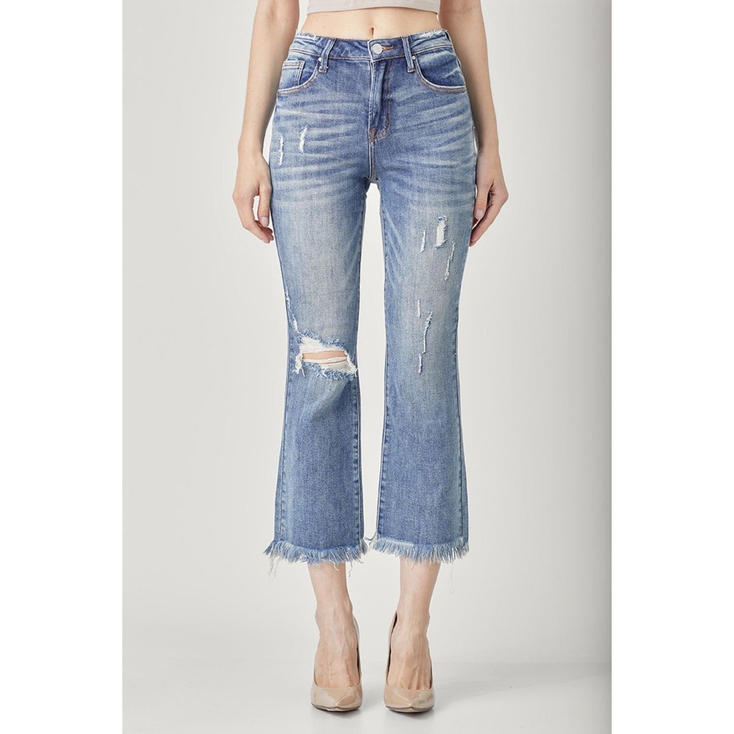 RISEN High Waist Distressed Cropped Bootcut Jeans