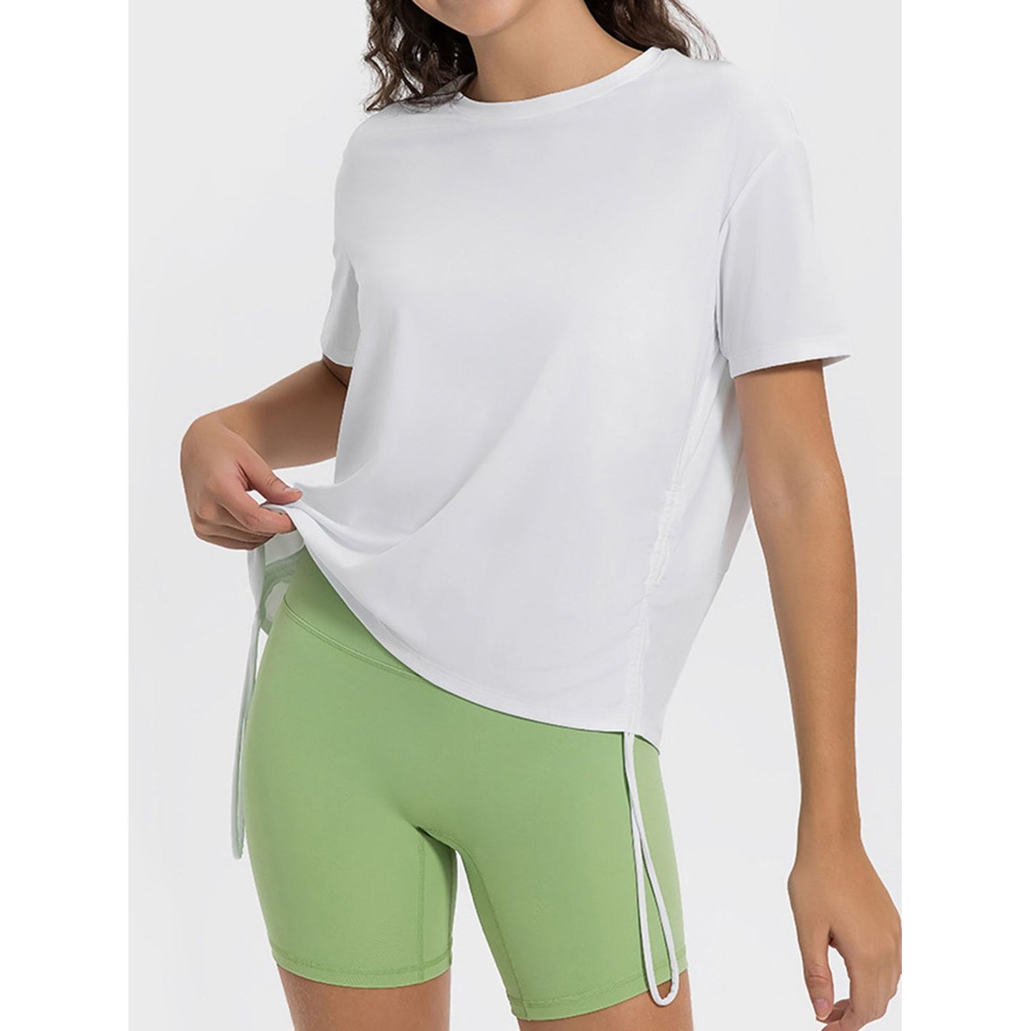 Drawstring Round Neck Short Sleeve Active T-Shirt