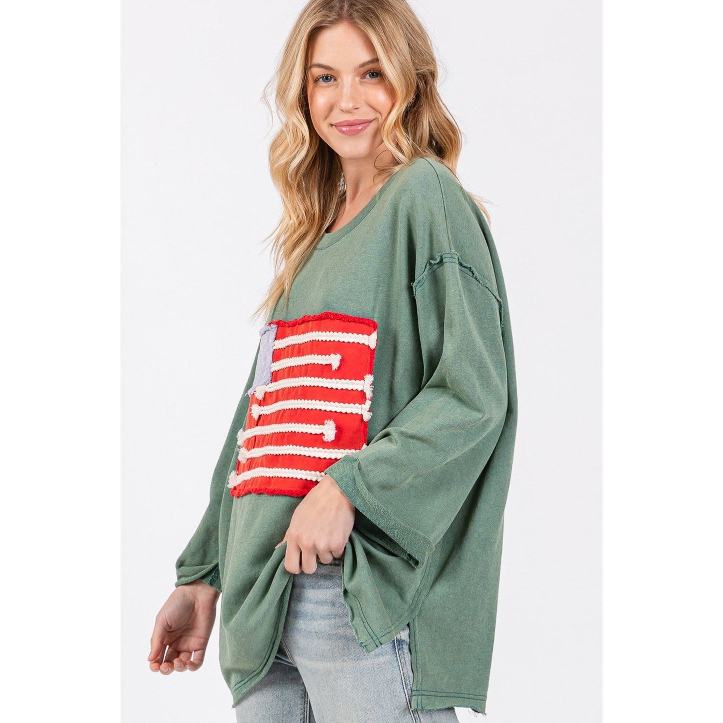 SAGE + FIG Full Size American Flag Patch Drop Shoulder T-Shirt