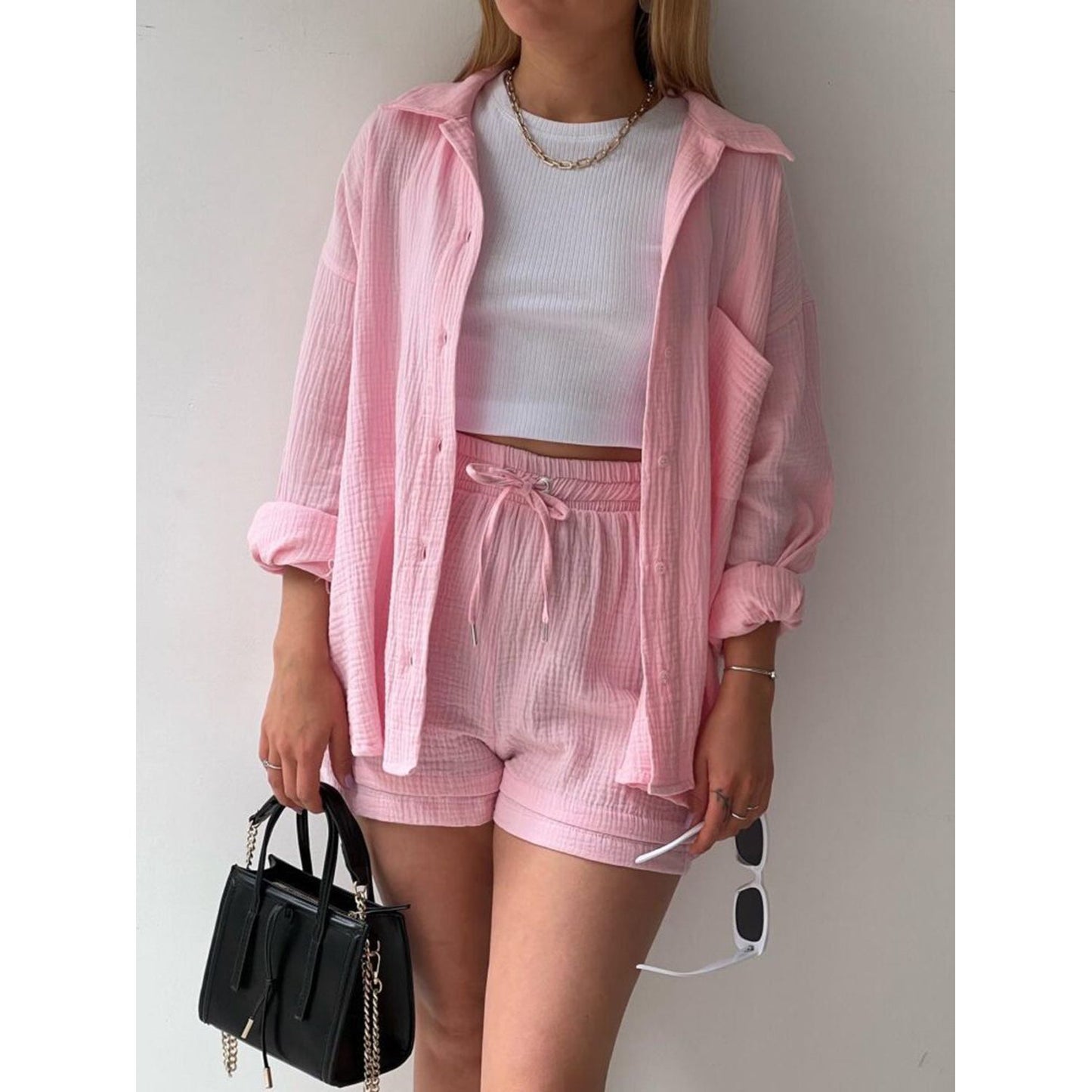 Texture Button Up Shirt and Drawstring Shorts Set