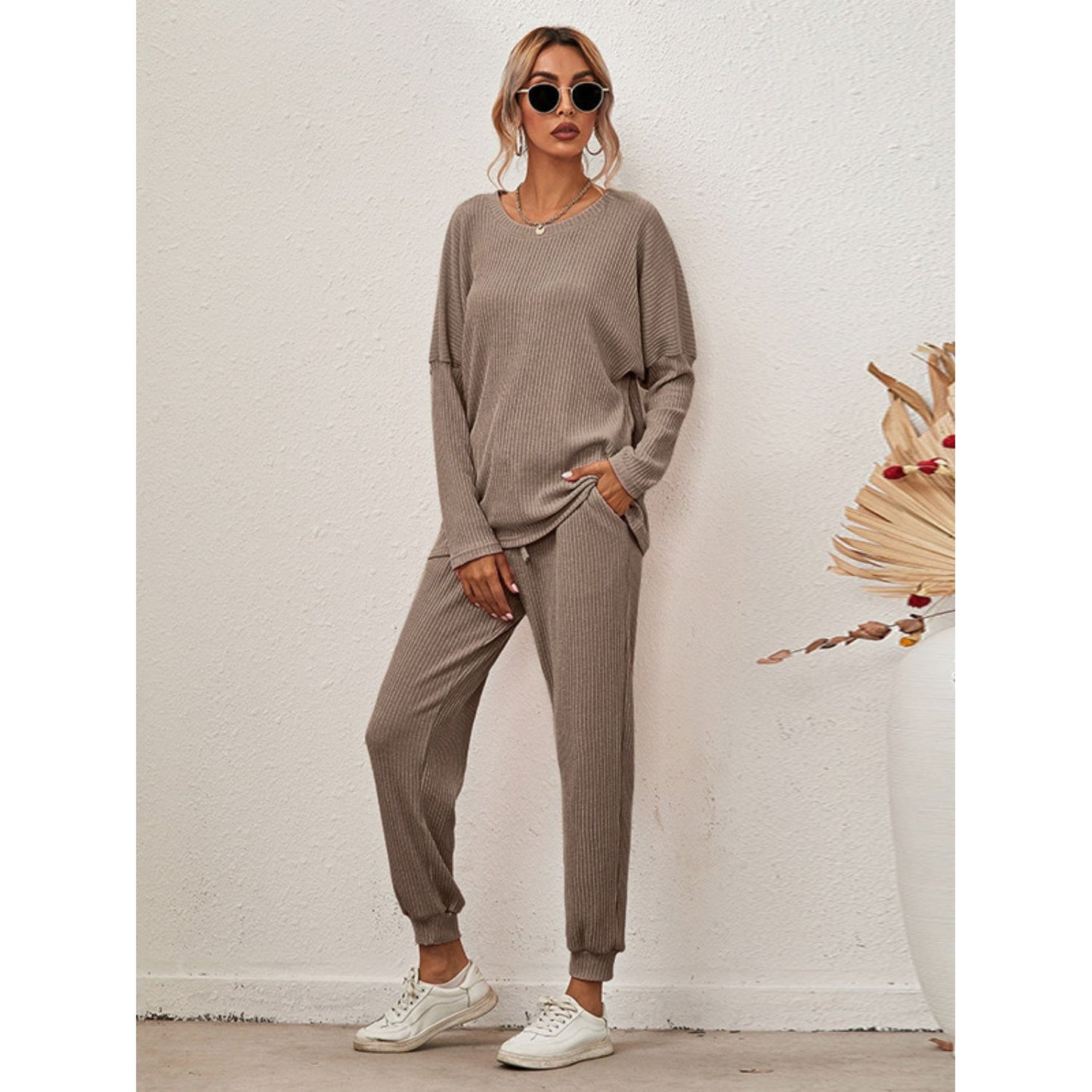 Round Neck Dropped Shoulder Top and Joggers Lounge Set