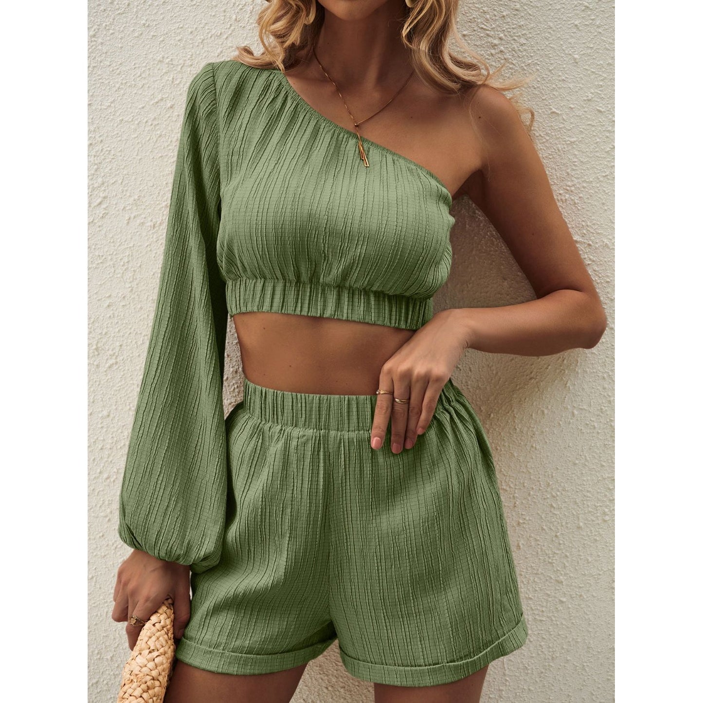 Honey One Shoulder Long Sleeve Top and Shorts Set