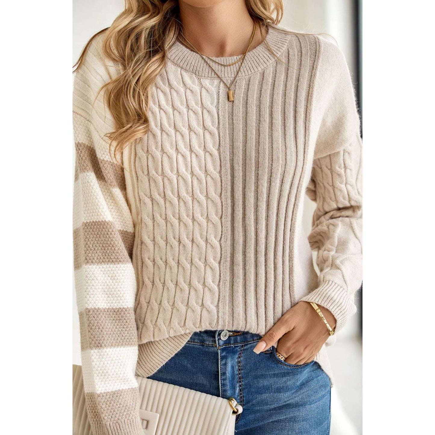 Cable-Knit Color Block Round Neck Sweater