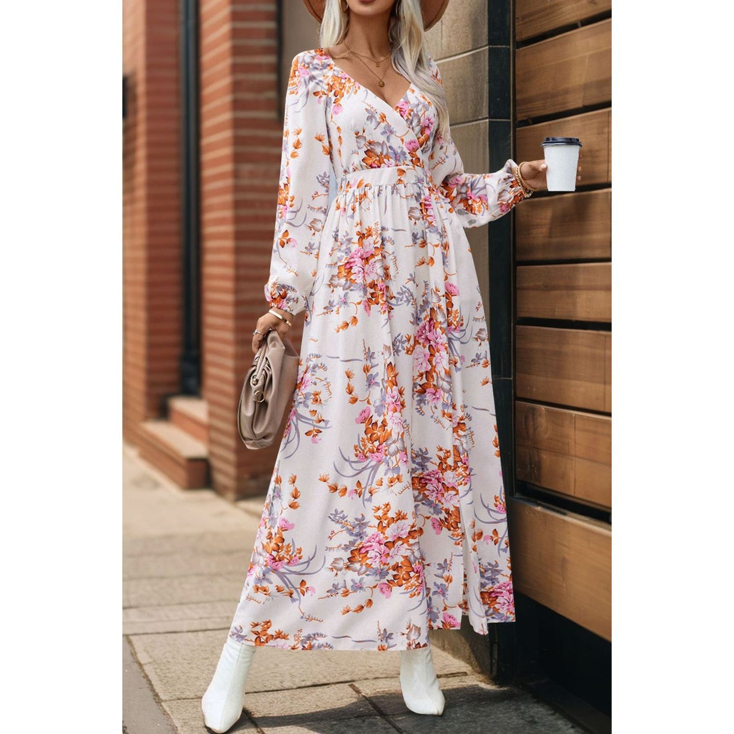 Slit Printed Surplice Long Sleeve Maxi Dress