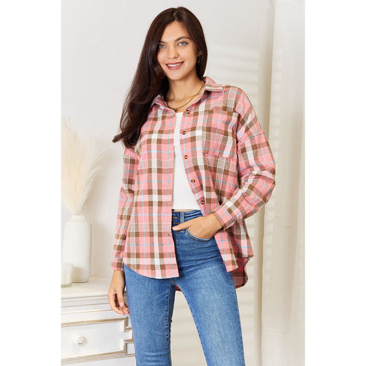 Double Take Plaid Collared Neck Long Sleeve Button-Up Shirt