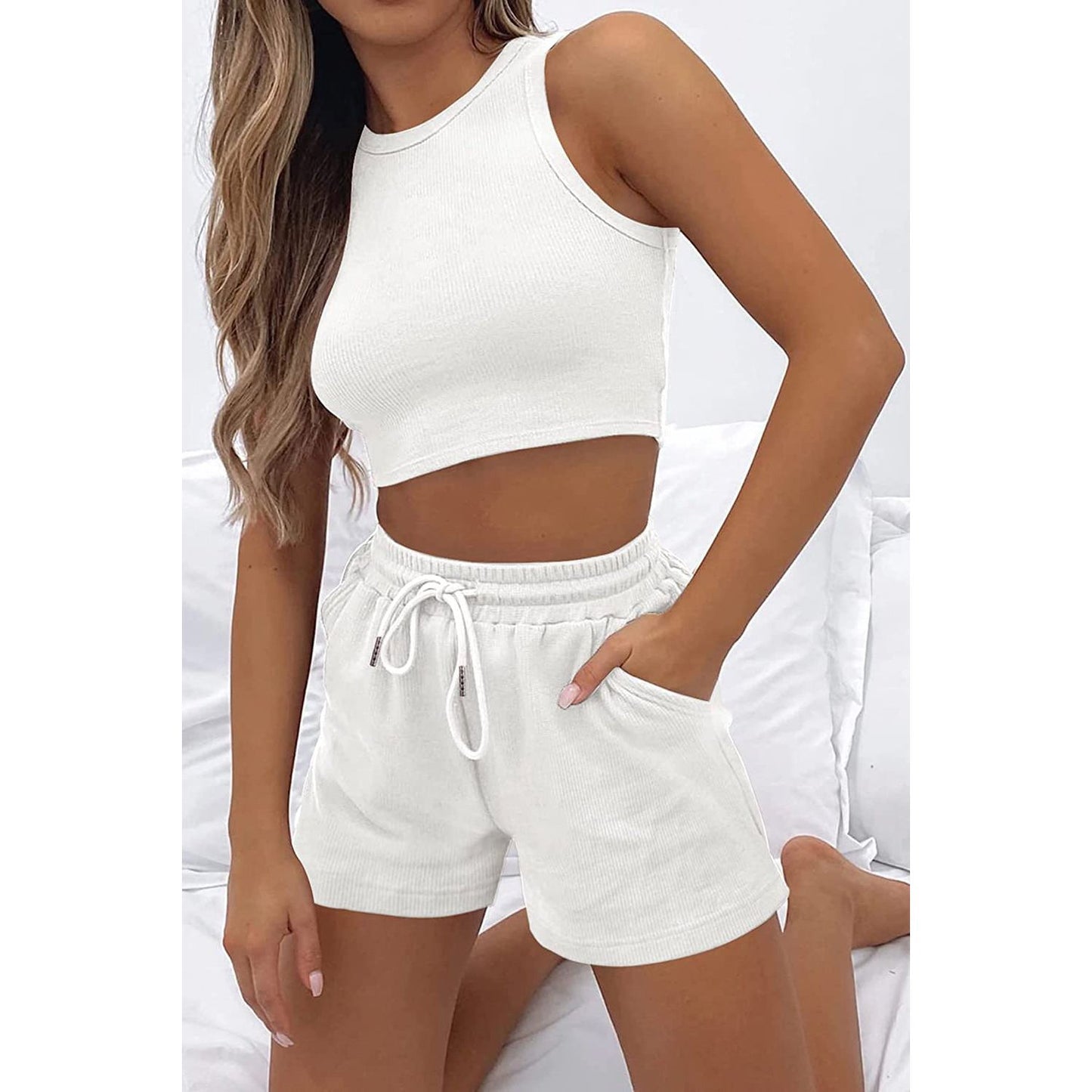 Round Neck Top and Drawstring Shorts Set