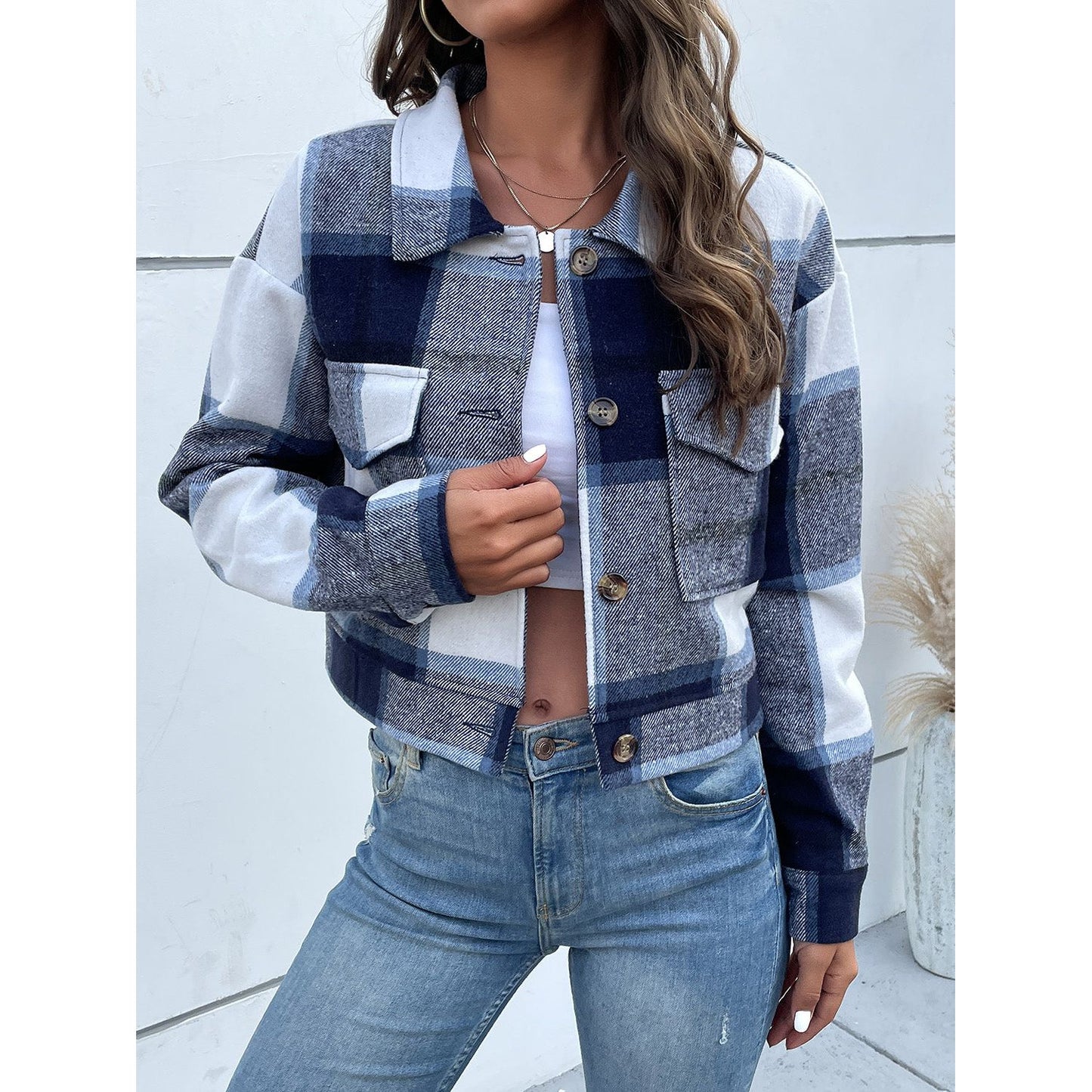 Perfee Plaid Button Up Drop Shoulder Cropped Jacket