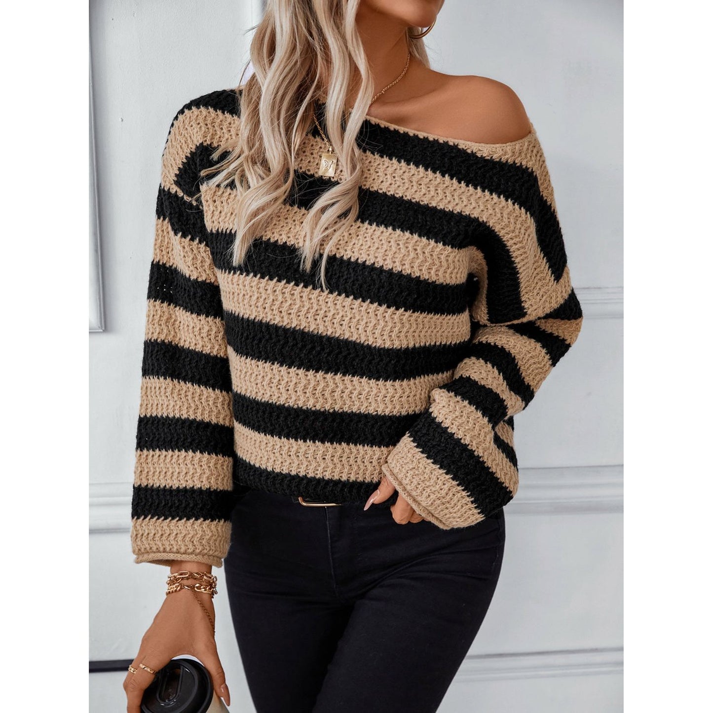 Striped Dropped Shoulder Long Sleeve Sweater