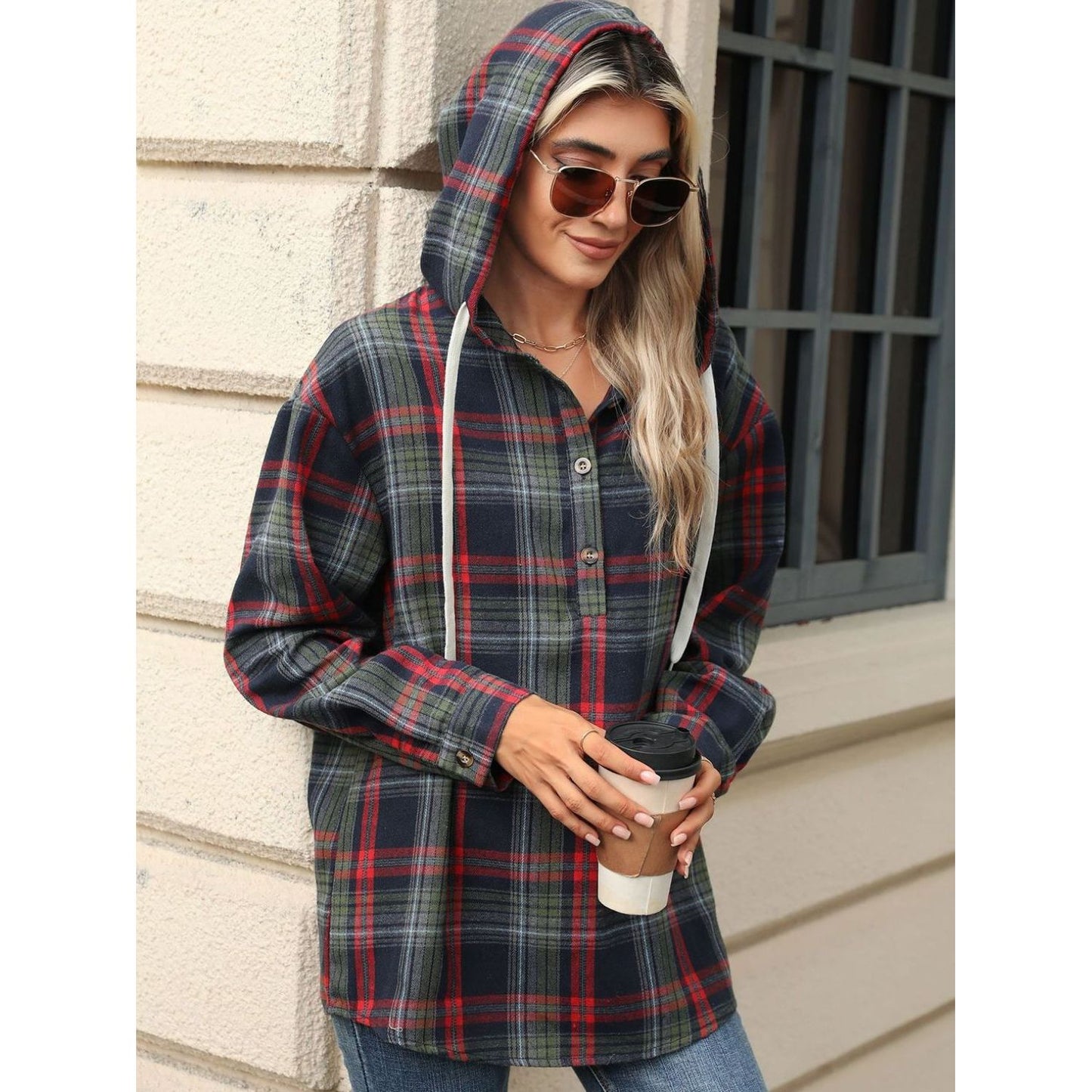 Drawstring Plaid Hooded Long Sleeve Top