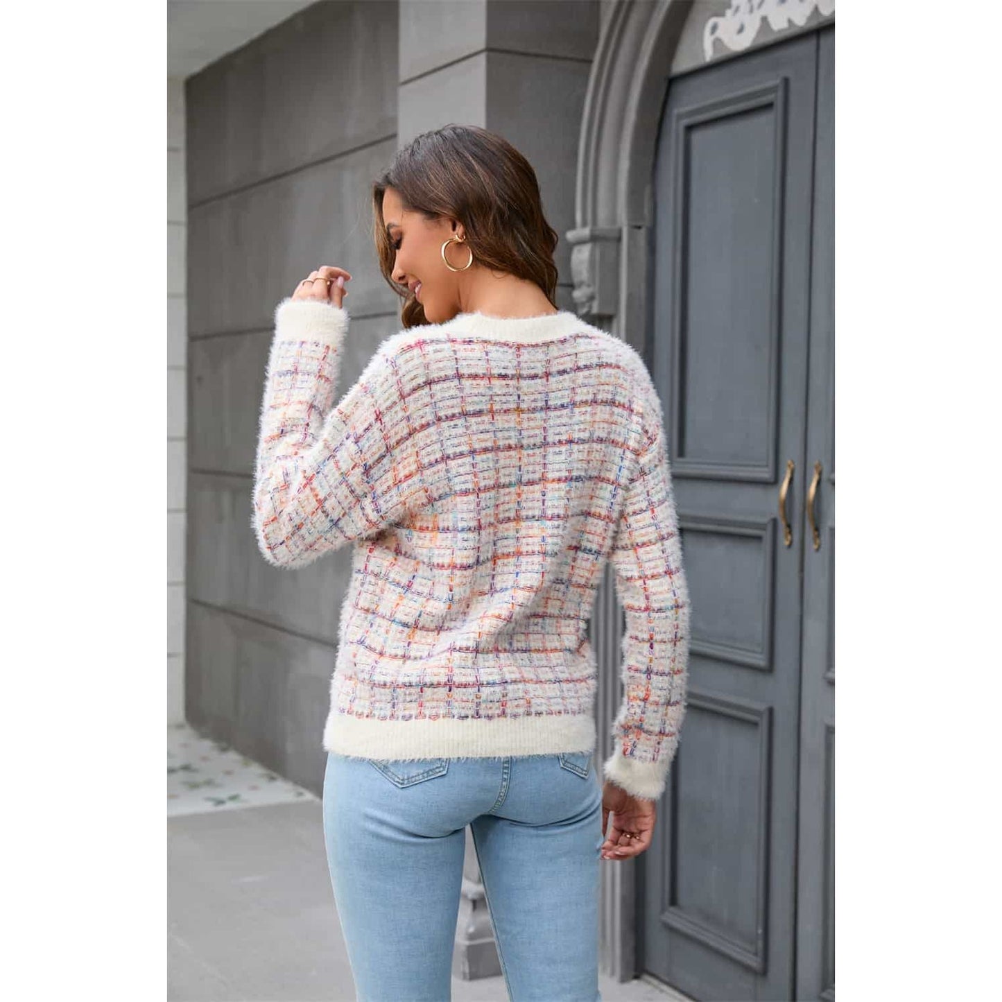 Angel Wings Plaid Round Neck Long Sleeve Pullover Sweater