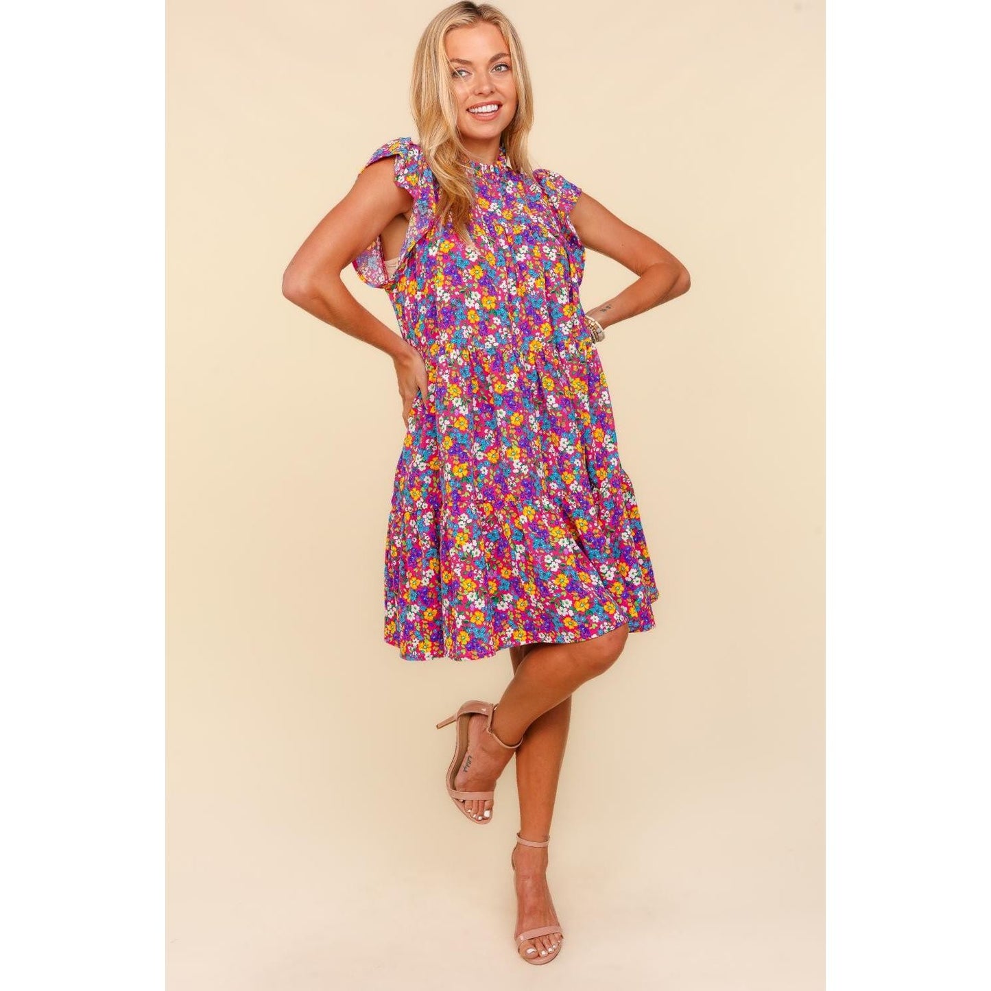 Haptics Frilled Mock Neck Ditsy Floral Dress