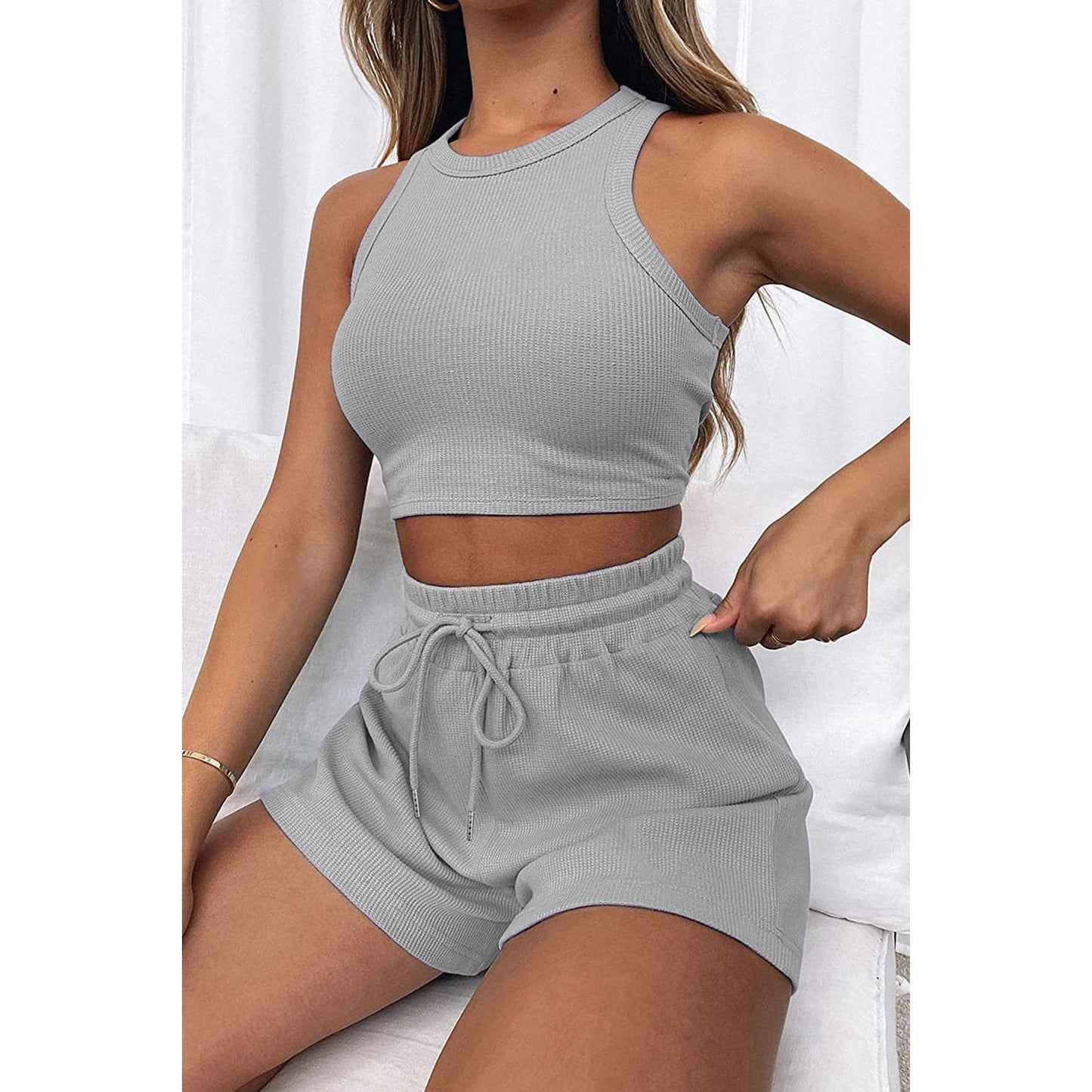 Round Neck Top and Drawstring Shorts Set