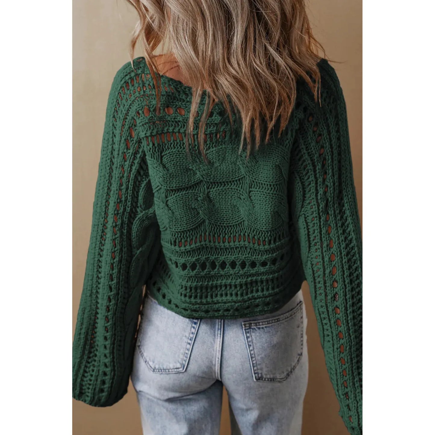 Cable-Knit Openwork Long Sleeve Sweater