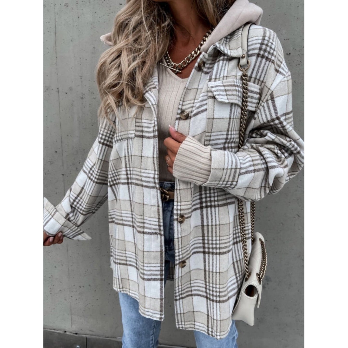 Plaid Dropped Shoulder Hooded Jacket