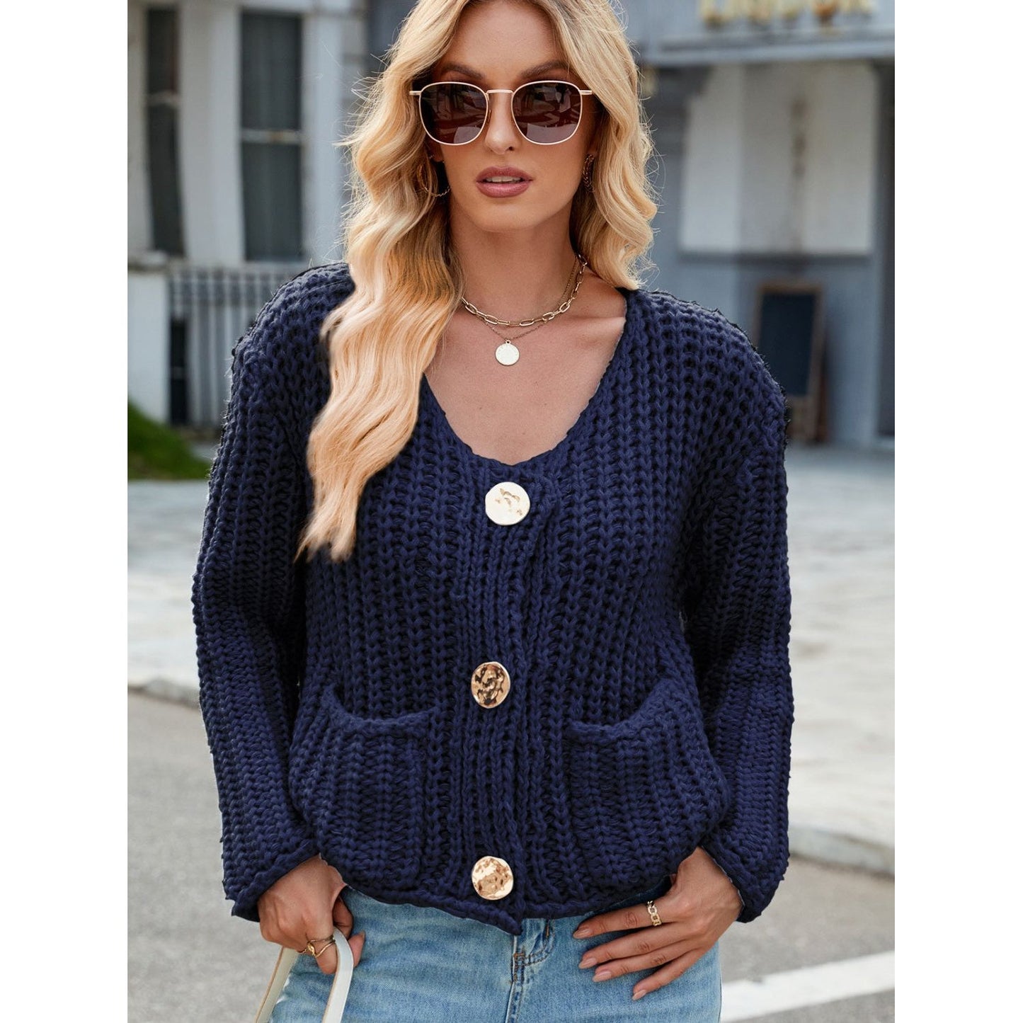 Round Neck Button Up Cardigan with Pockets