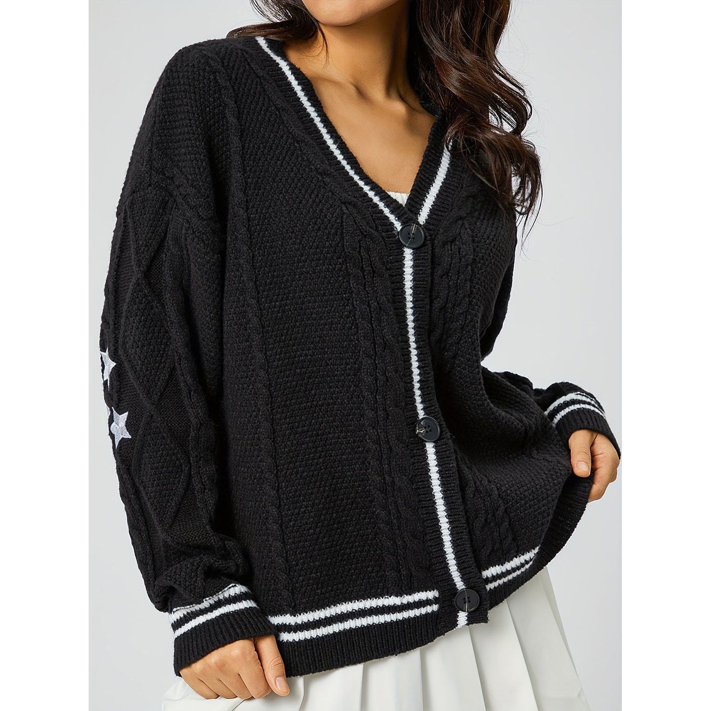 Star Embroidered V-Neck Long Sleeve Cardigan