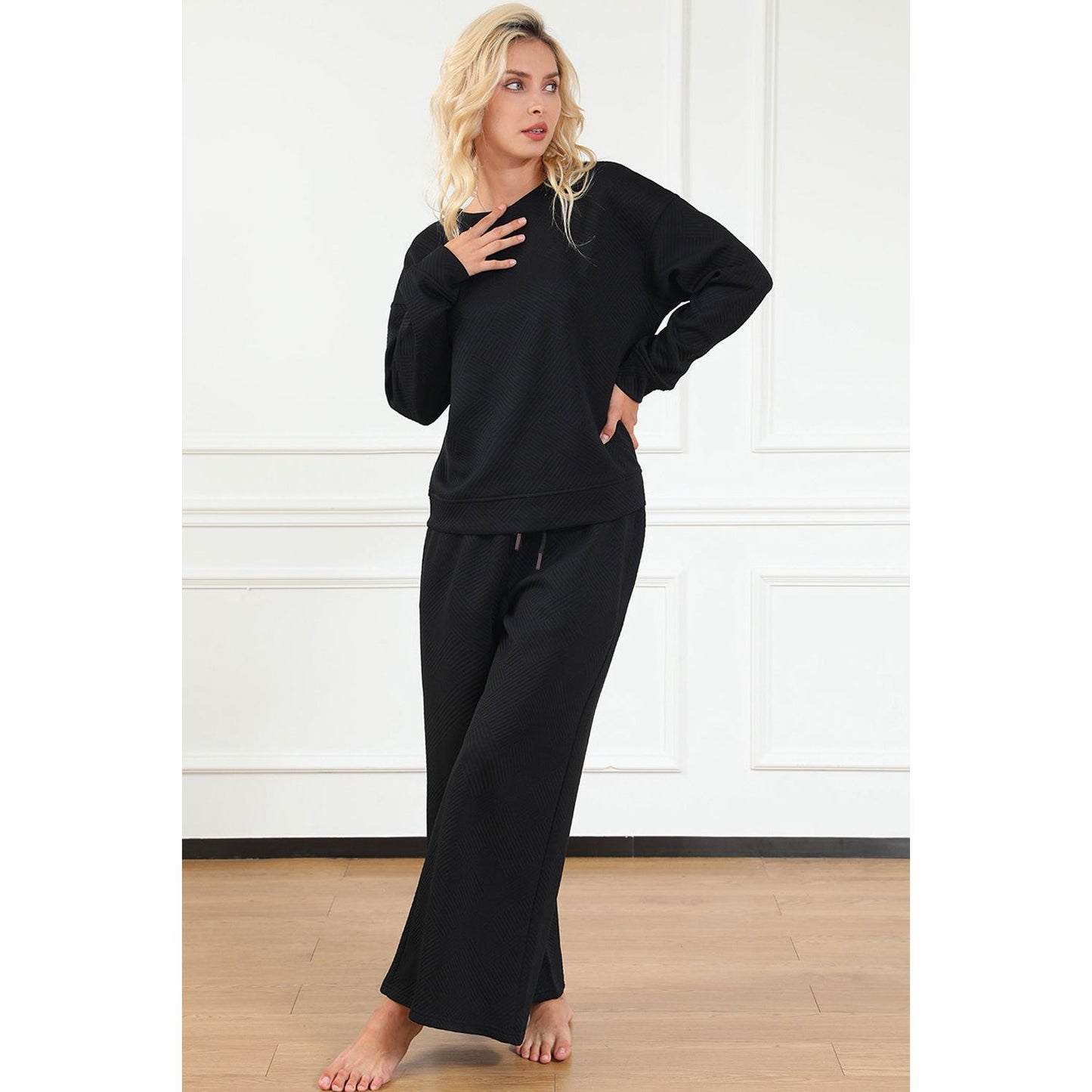 Double Take Full Size Textured Long Sleeve Top and Drawstring Pants Set