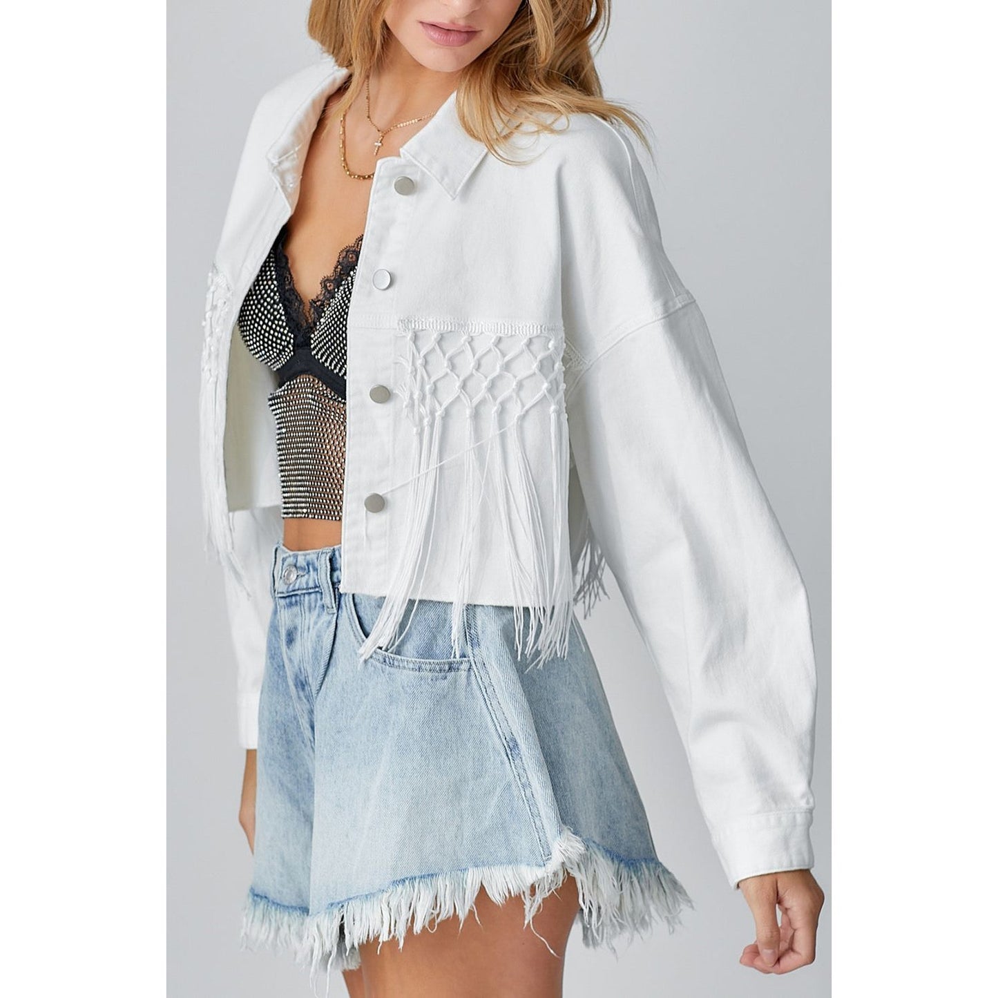 Tassel Sequin Letter Long Sleeve Denim Jacket