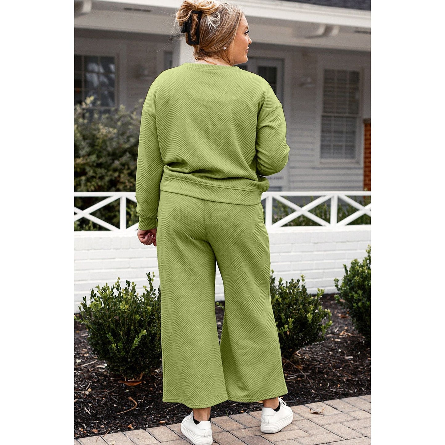 Double Take Full Size Textured Long Sleeve Top and Drawstring Pants Set