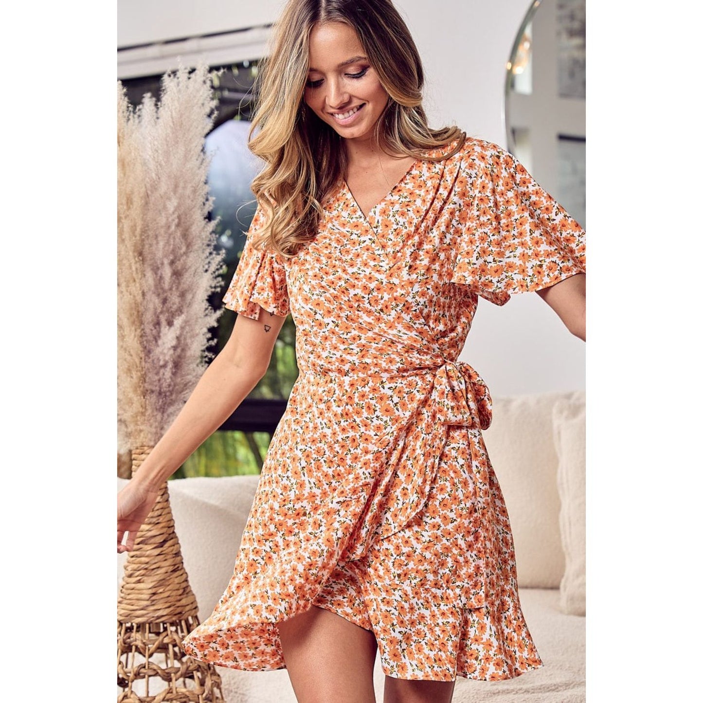 BiBi Floral Tied Short Sleeve Mini Wrap Dress