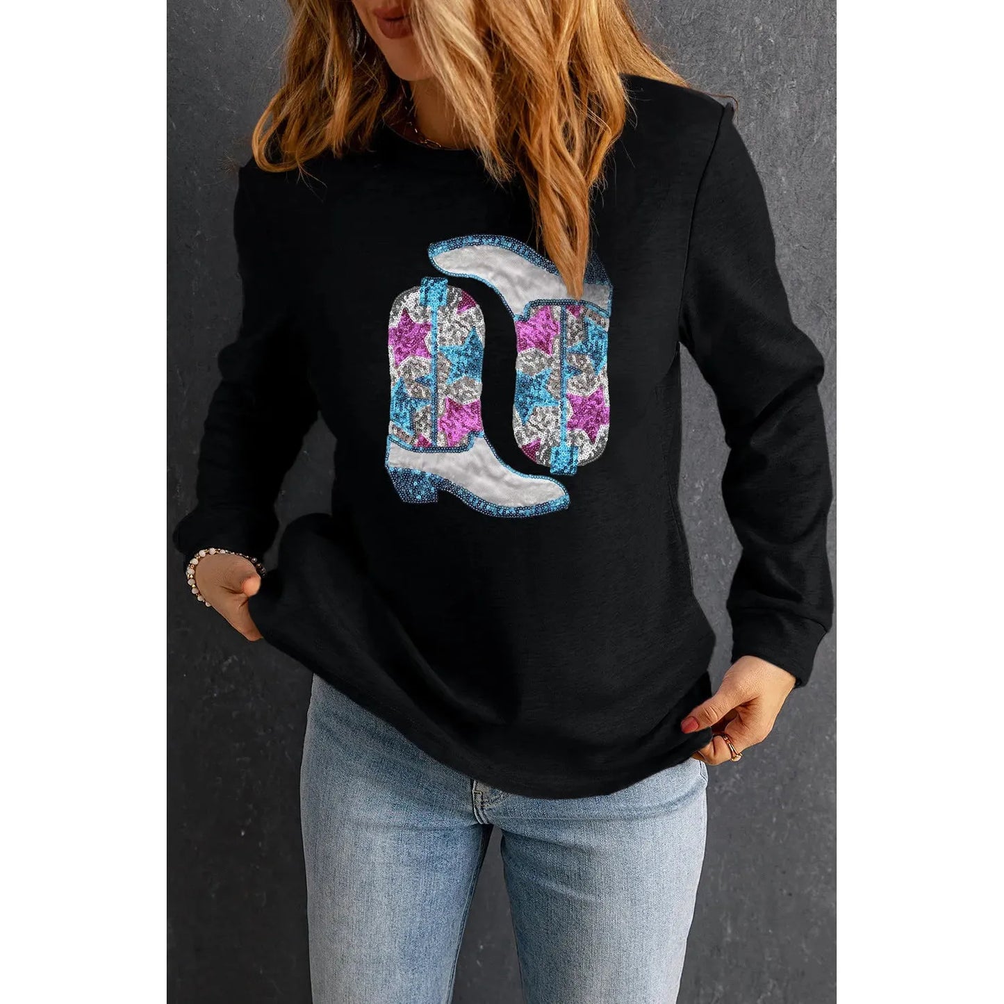 Boots Round Neck Long Sleeve Sweatshirt