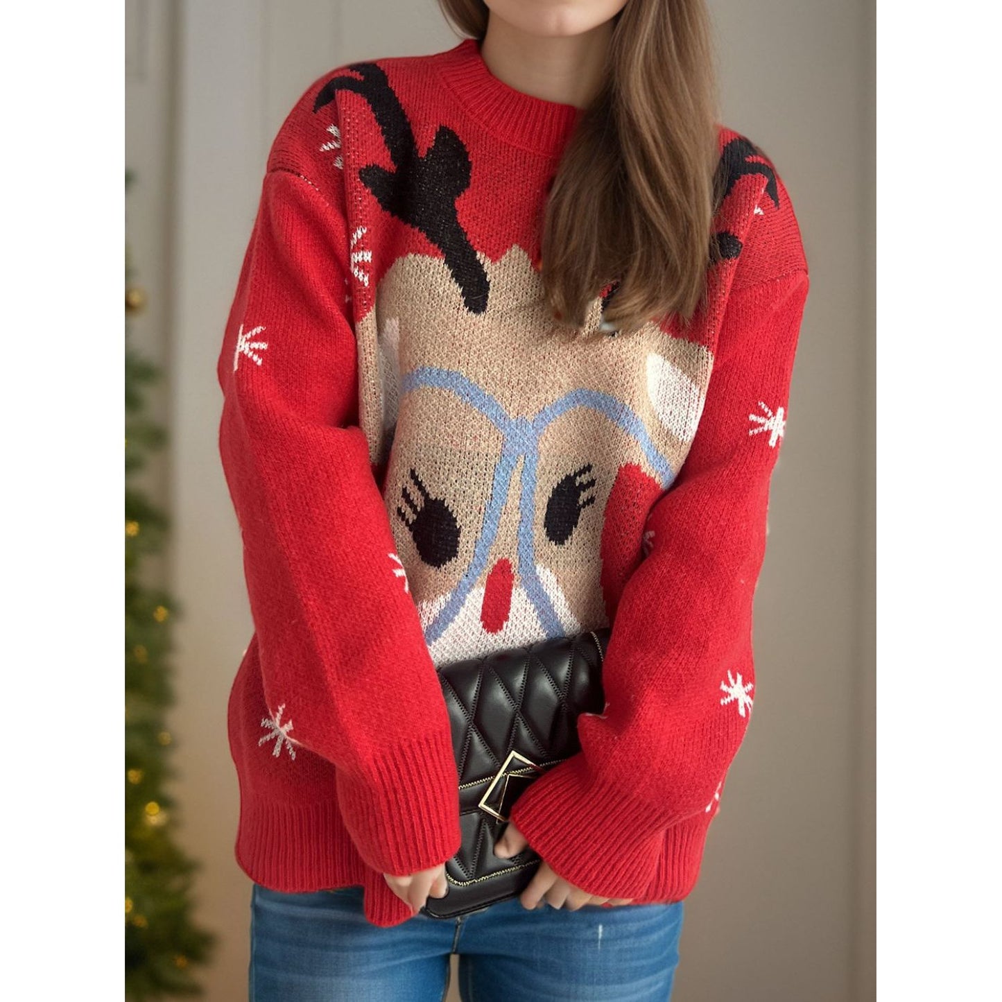 Reindeer Round Neck Dropped Shoulder Sweater