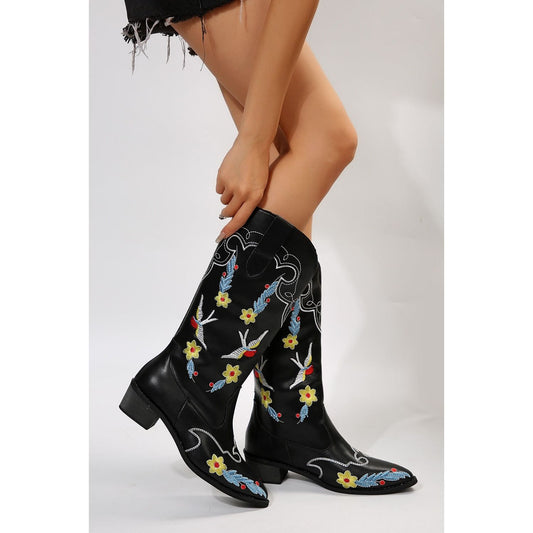 Embroidered Point Toe Block Heel Boots