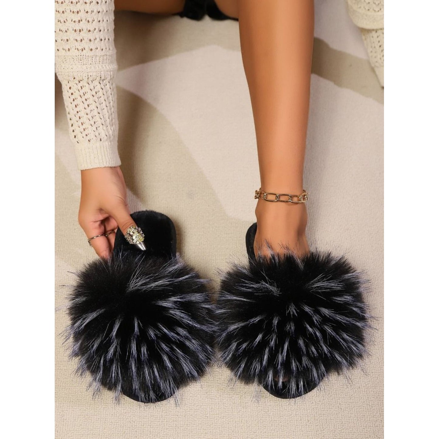 Fuzzy Open Toe Flat Sandals